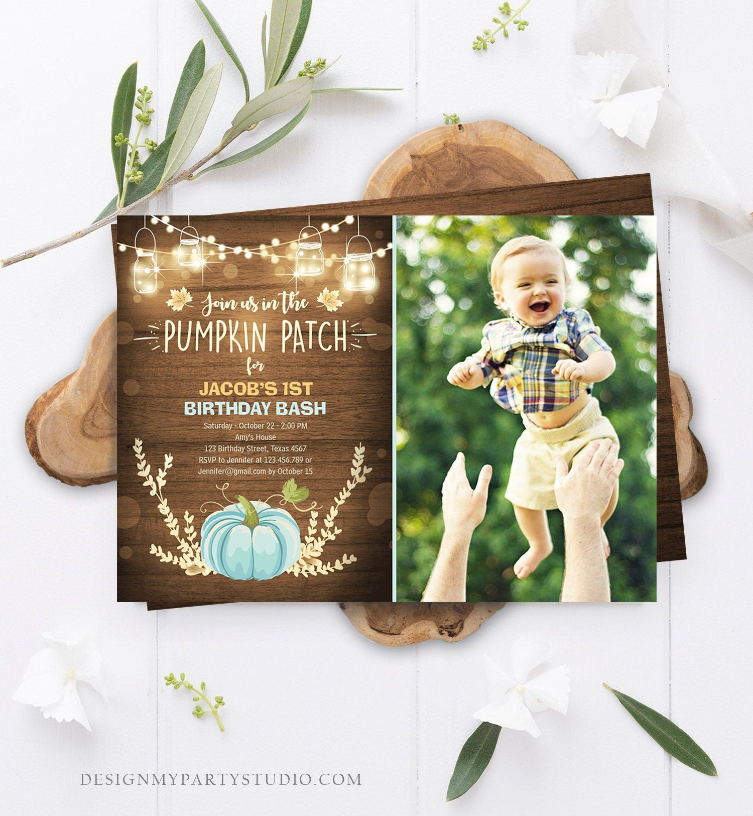 Editable Little Pumpkin Birthday Invitation Blue Pumpkin Patch Autumn Fall Rustic Boy 1st First Birthday Corjl Invitation Printable 0015