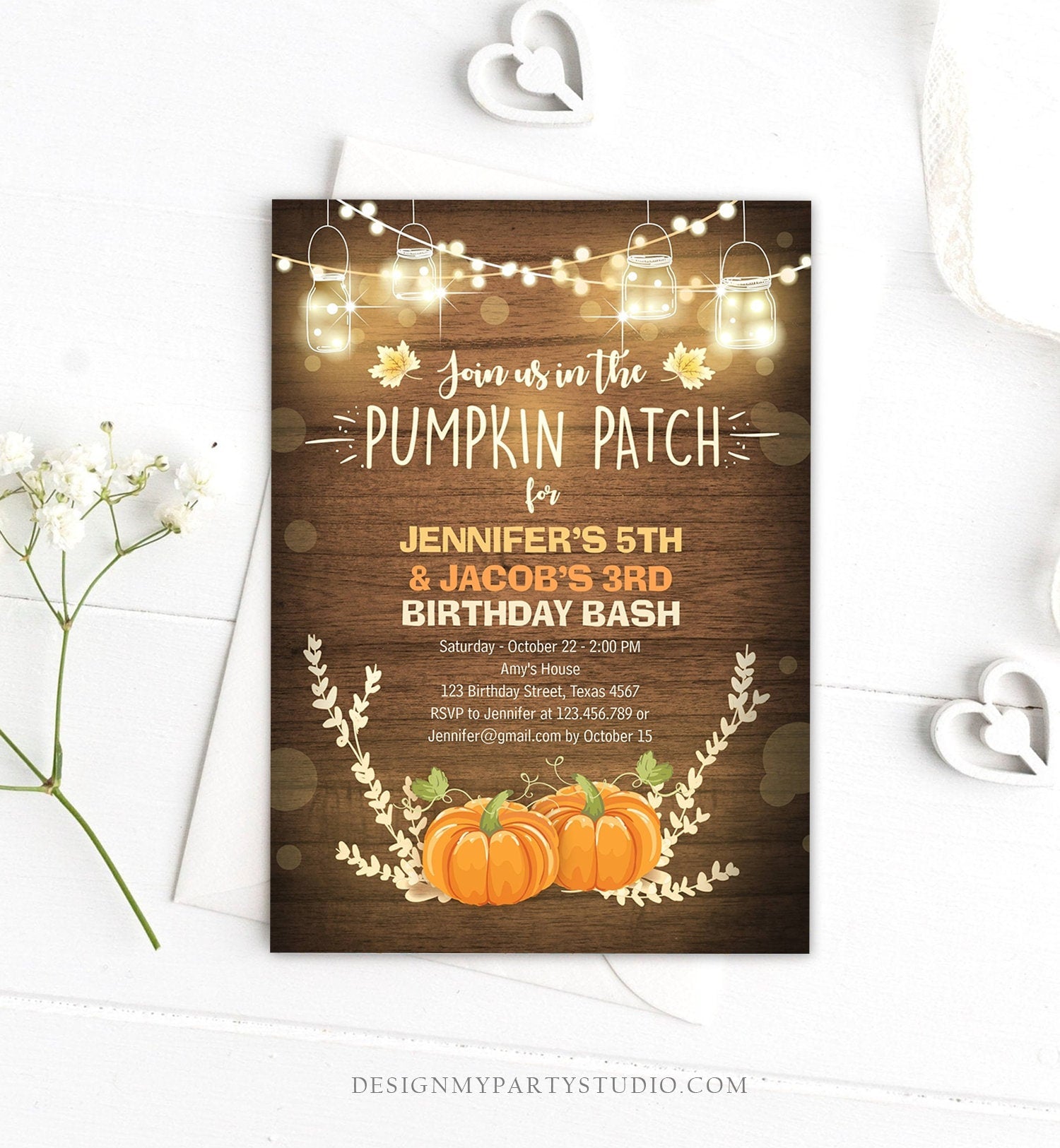 Editable Little Pumpkins Birthday Invitation Orange Pumpkins Patch Autumn Fall Rustic Boy Girl Twins Twin Corjl Invitation Printable 0015