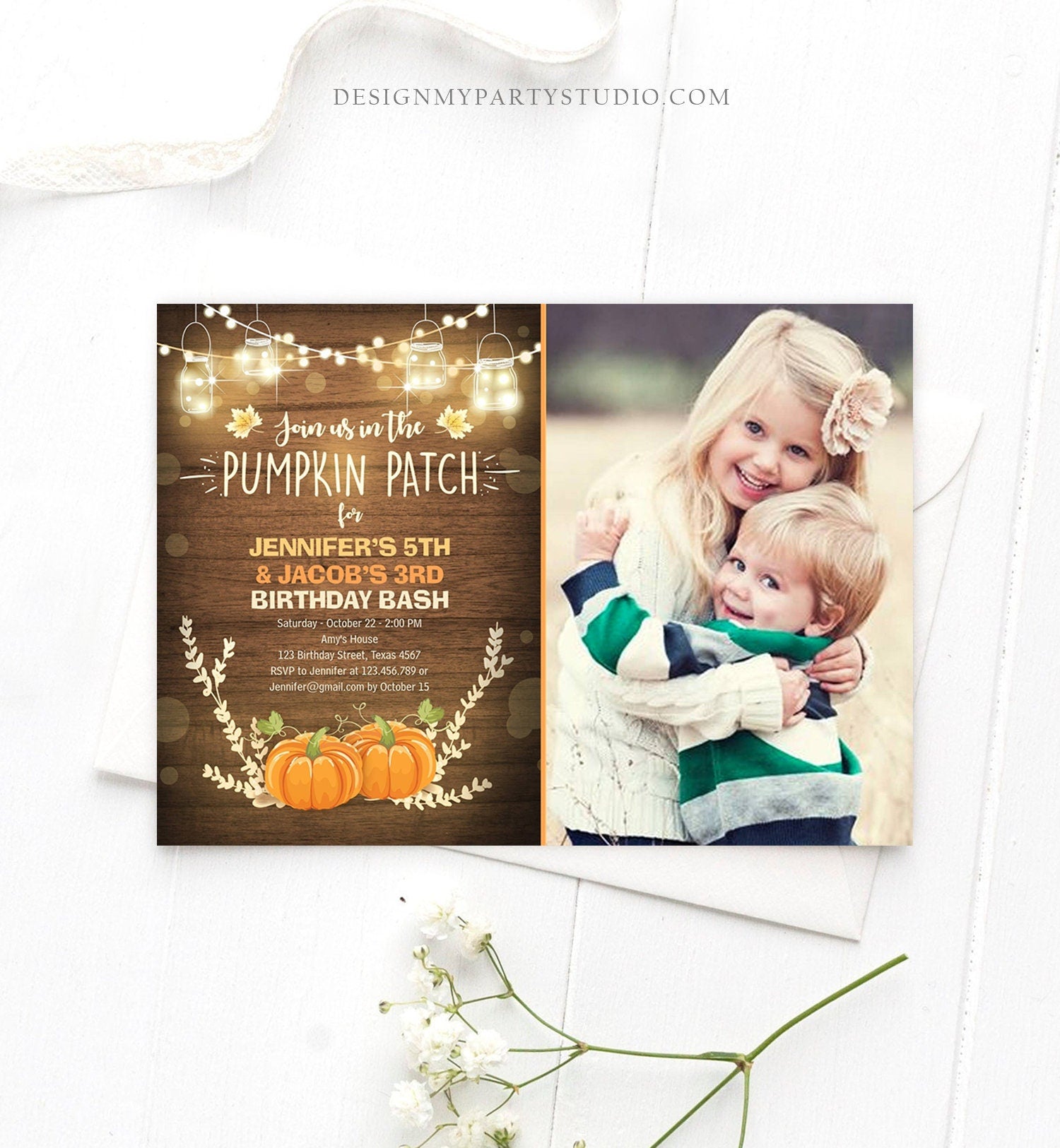 Editable Little Pumpkins Birthday Invitation Orange Pumpkins Patch Autumn Fall Rustic Boy Girl Twins Twin Corjl Invitation Printable 0015