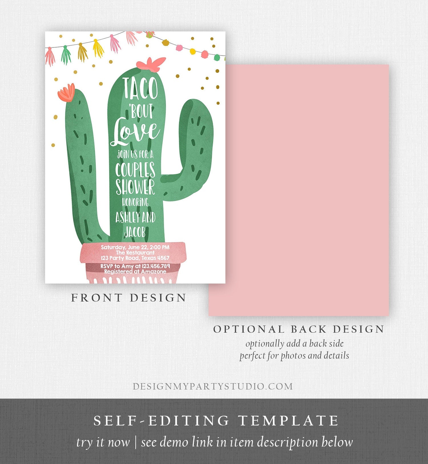 Editable Taco Bout Love Fiesta Couples Shower Invitation Cactus Succulent Green Pink Download Printable Invitation Template Corjl 0255