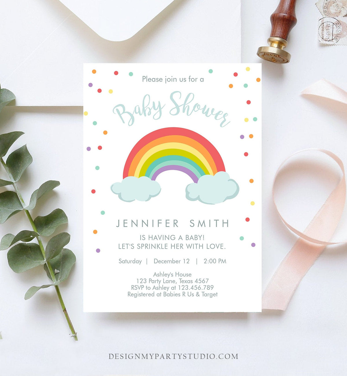 Editable Rainbow Baby Shower Invitation Rainbow Baby After a Loss Cloud Gender Neutral Download Printable Template Corjl Digital 0233