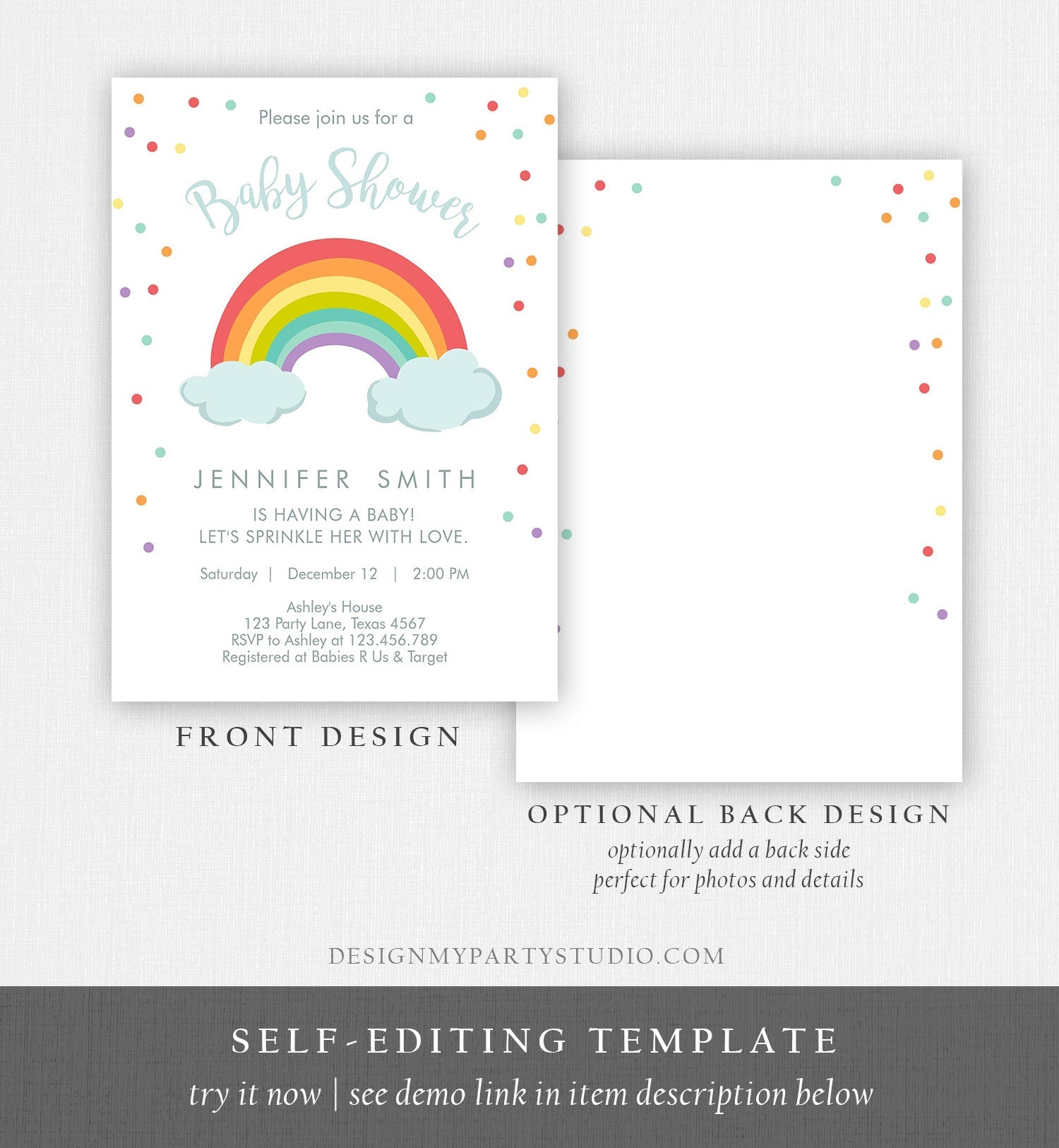 Editable Rainbow Baby Shower Invitation Rainbow Baby After a Loss Cloud Gender Neutral Download Printable Template Corjl Digital 0233