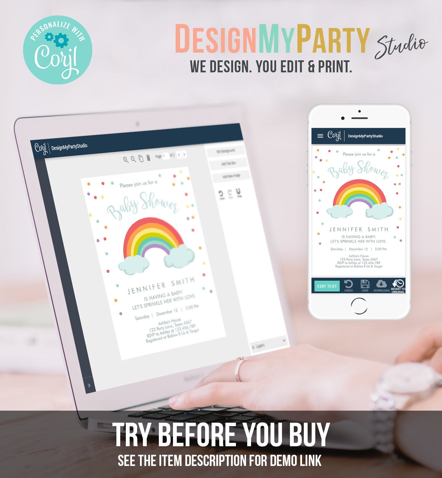 Editable Rainbow Baby Shower Invitation Rainbow Baby After a Loss Cloud Gender Neutral Download Printable Template Corjl Digital 0233