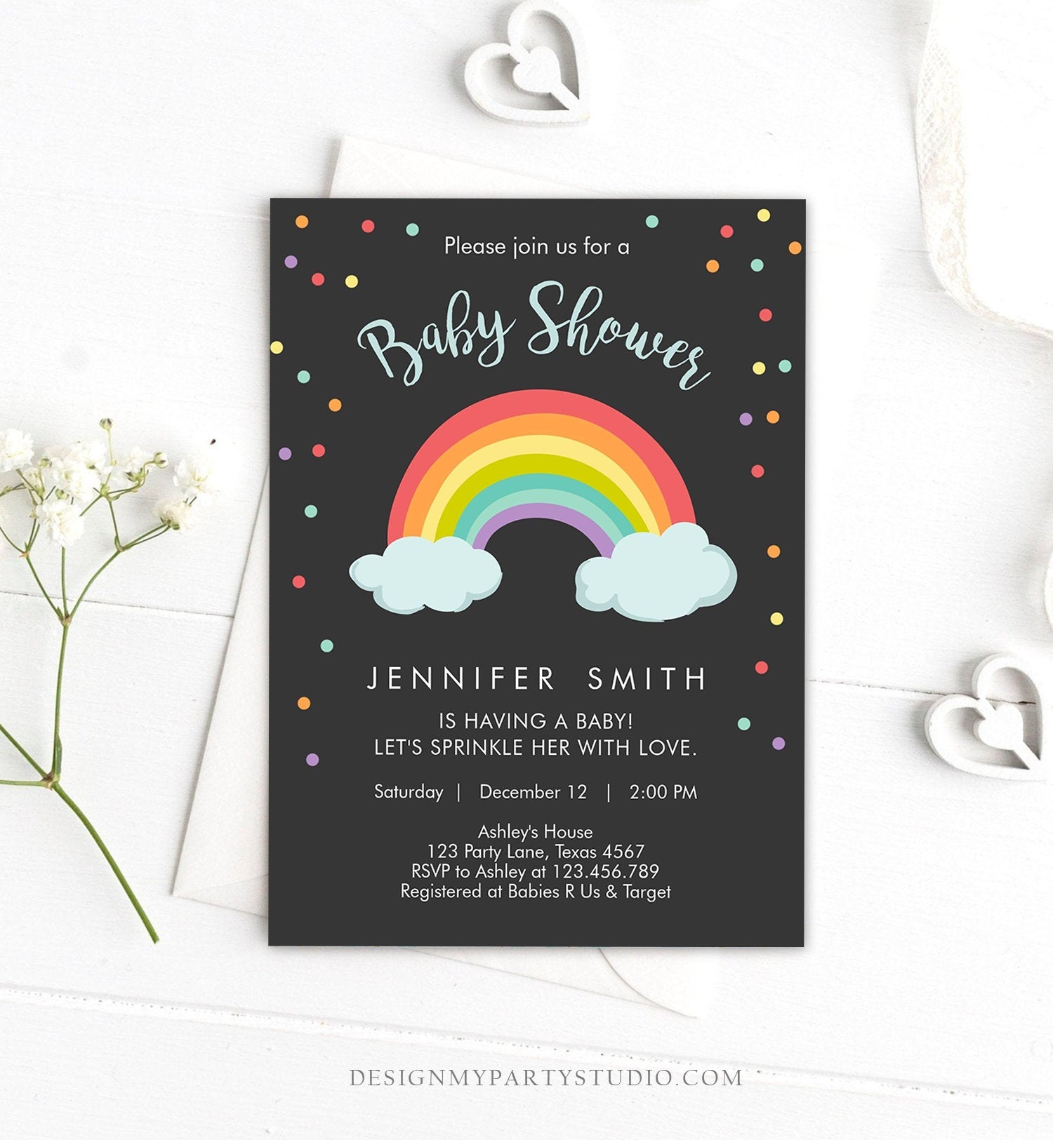 Editable Rainbow Baby Shower Invitation Rainbow Baby After a Loss Cloud Gender Neutral Download Printable Template Corjl Digital 0233