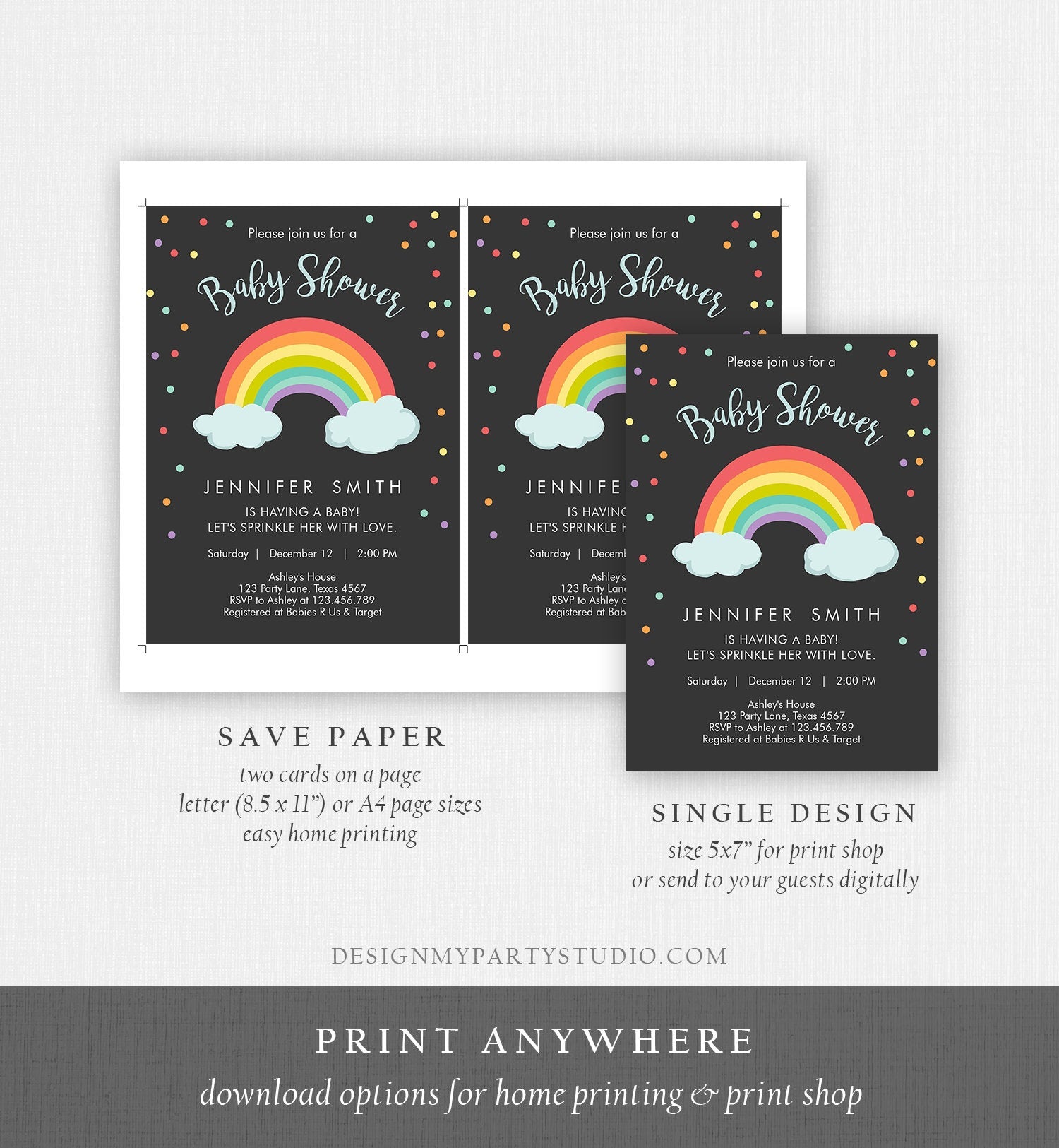 Editable Rainbow Baby Shower Invitation Rainbow Baby After a Loss Cloud Gender Neutral Download Printable Template Corjl Digital 0233