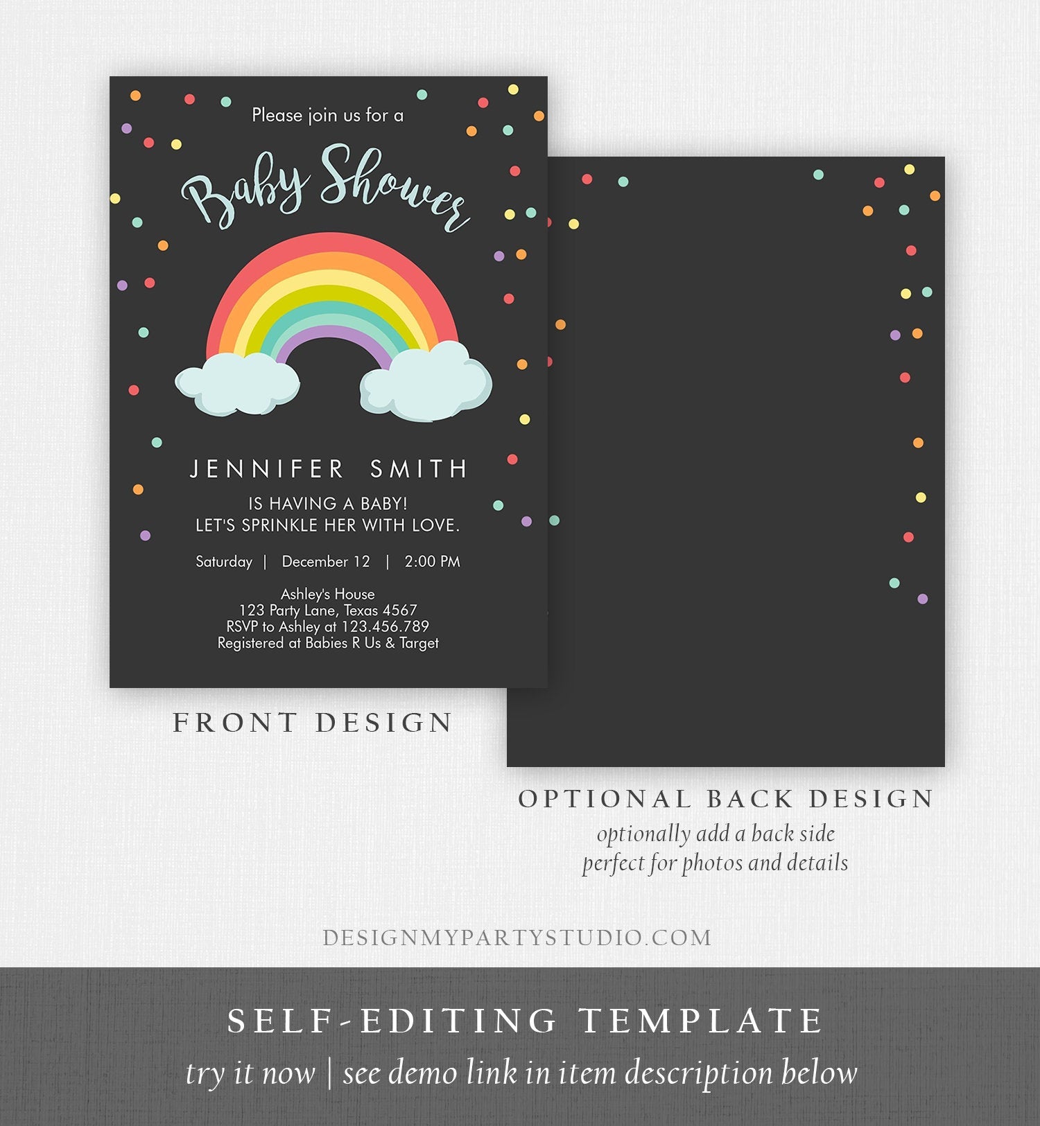 Editable Rainbow Baby Shower Invitation Rainbow Baby After a Loss Cloud Gender Neutral Download Printable Template Corjl Digital 0233