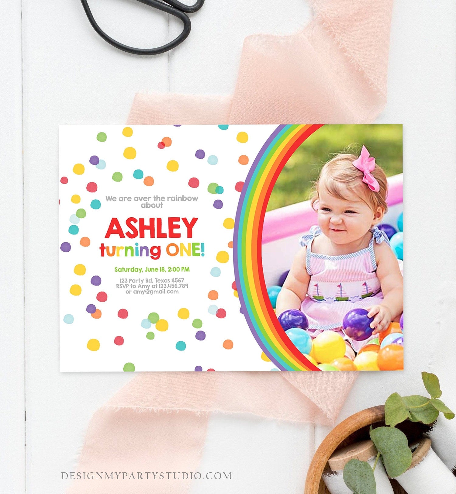 Editable Rainbow Birthday Invitation Kids Girl Boy Neutral Party Clouds Colorful Rainbow Colors Confetti Printable Corjl Template Digital