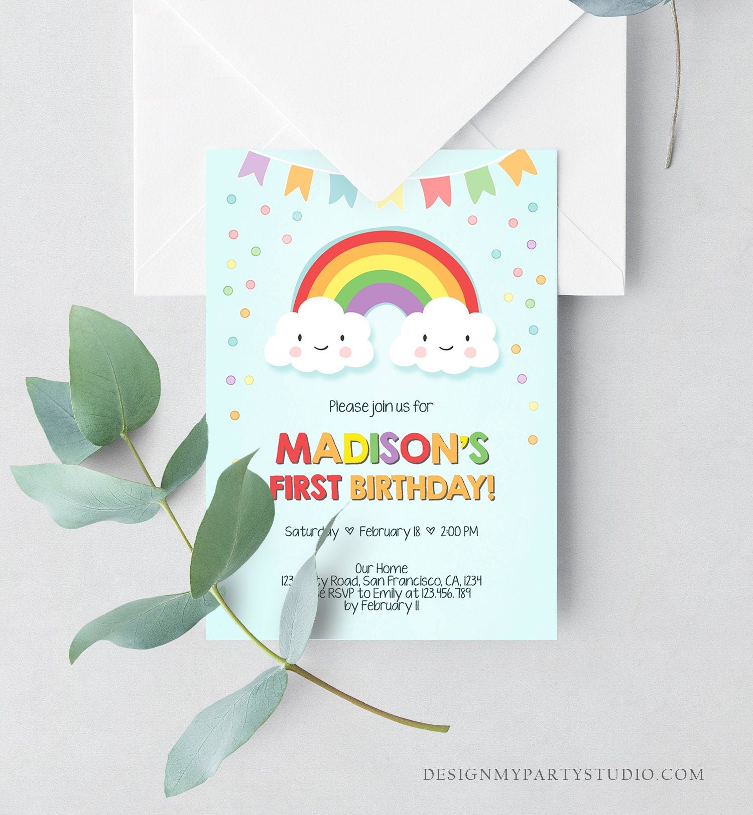 Editable Rainbow Birthday Invitation Kids Girl Boy Neutral Party Clouds Colorful Rainbow Colors Printable Corjl Template Digital