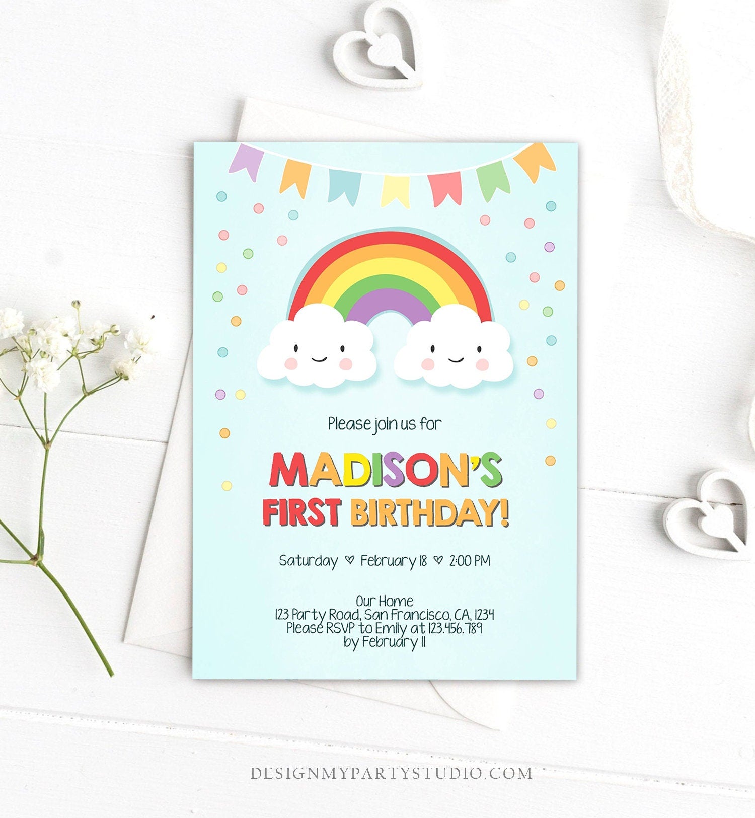 Editable Rainbow Birthday Invitation Kids Girl Boy Neutral Party Clouds Colorful Rainbow Colors Printable Corjl Template Digital