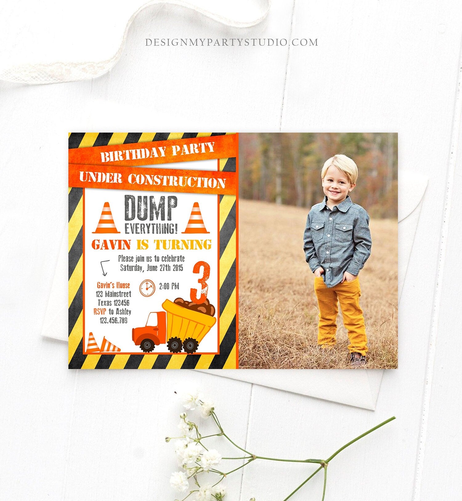 Editable Construction Birthday Invitation Dump Truck Invite Caution Boy Traffic Road Work Truck Dirt Printable Template Digital Corjl 0157