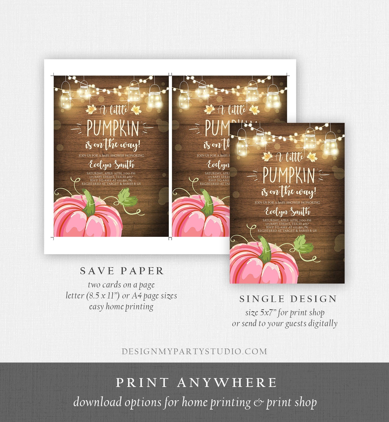 Editable Little Pumpkin Baby Shower Invitation Pink Pumpkin Patch Autumn Fall Rustic Baby Boy Girl Sprinkle Corjl Template Printable 0015