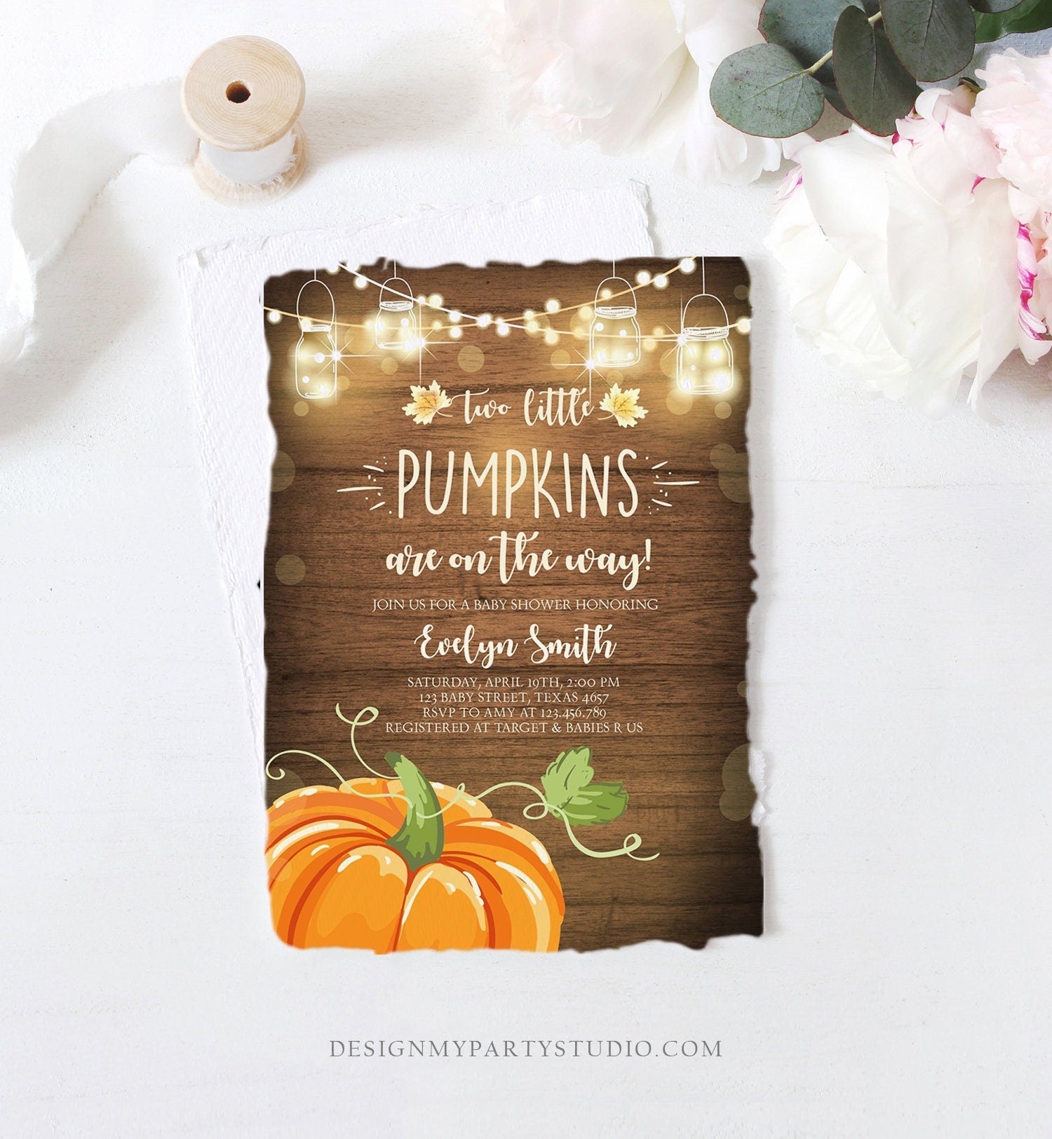 Editable Two Little Pumpkins Baby Shower Invitation Twins Orange Pumpkin Patch Autumn Fall Rustic Sprinkle Corjl Template Printable 0015