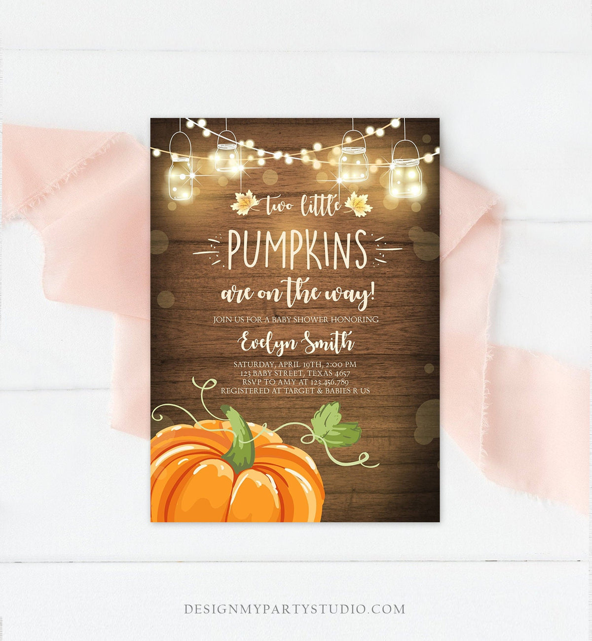 Editable Two Little Pumpkins Baby Shower Invitation Twins Orange Pumpkin Patch Autumn Fall Rustic Sprinkle Corjl Template Printable 0015