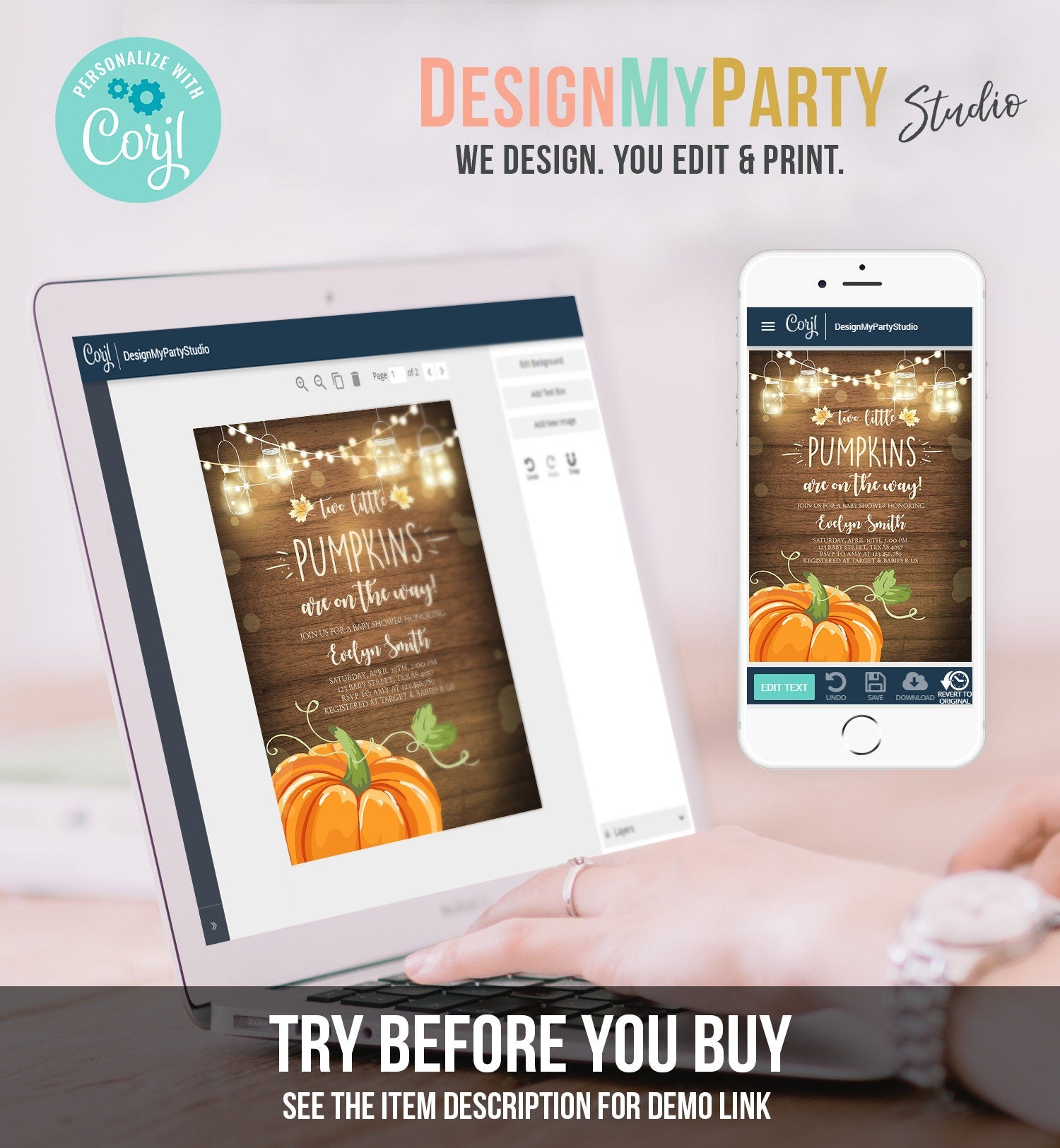 Editable Two Little Pumpkins Baby Shower Invitation Twins Orange Pumpkin Patch Autumn Fall Rustic Sprinkle Corjl Template Printable 0015