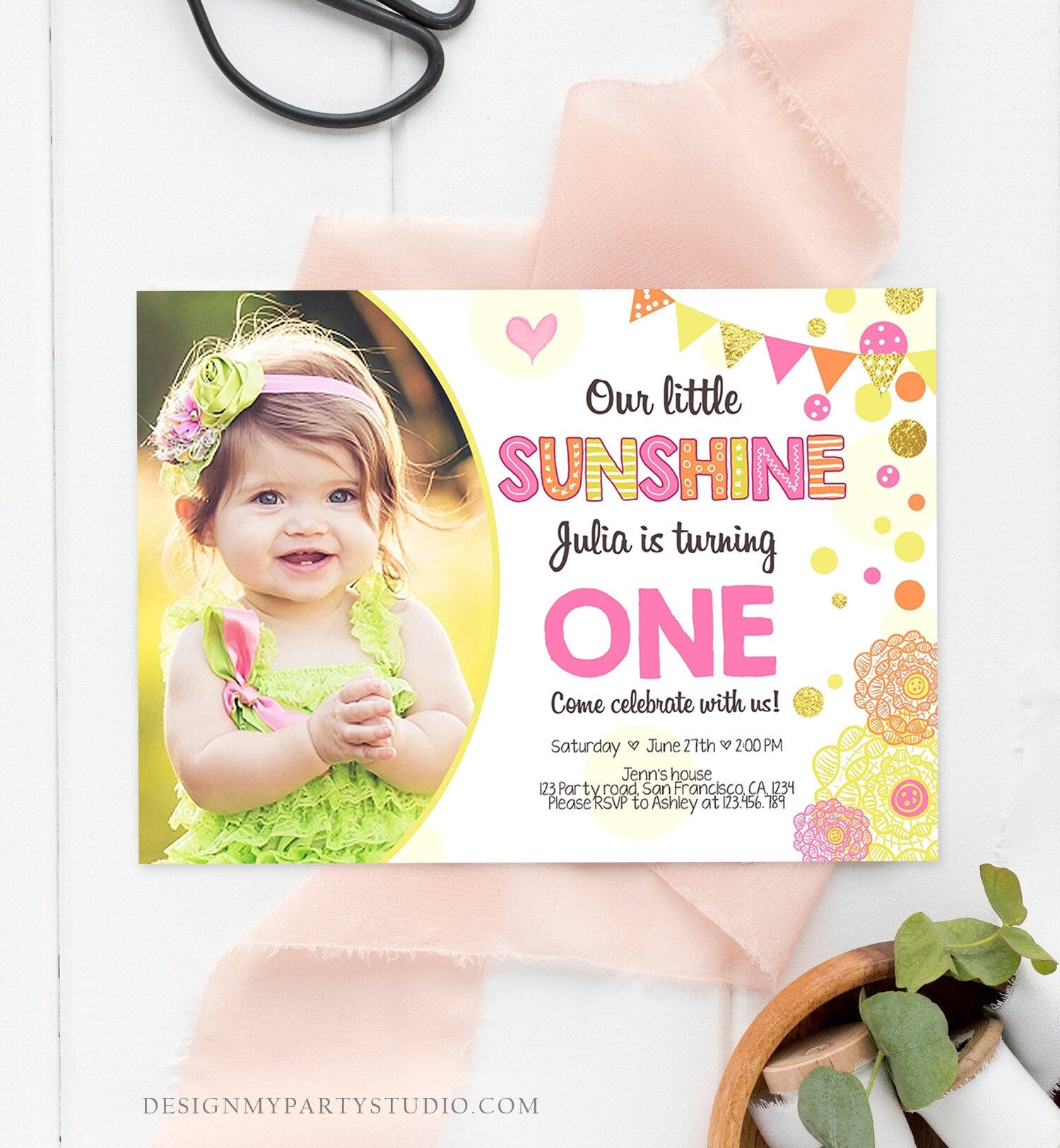 Editable Our Little Sunshine Birthday Invitation You Are My Sunshine First Birthday 1st Party Yellow Pink Girl Download Corjl Template 0239