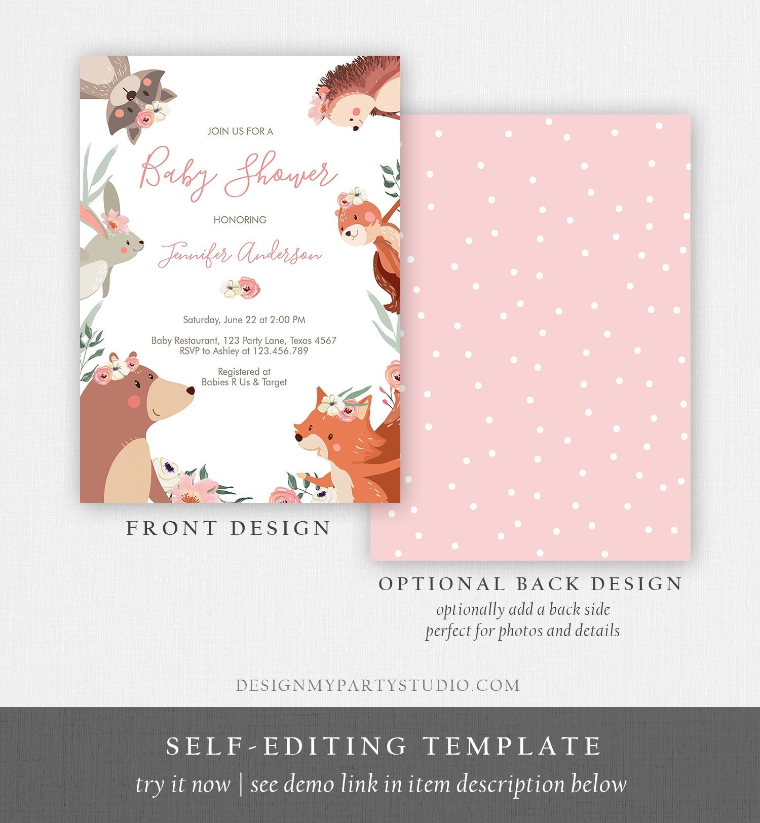 Editable Woodland Baby Shower Invitation Woodland Animals Floral Boho Girl Forest Instant Download Printable Template Digital Corjl 0222