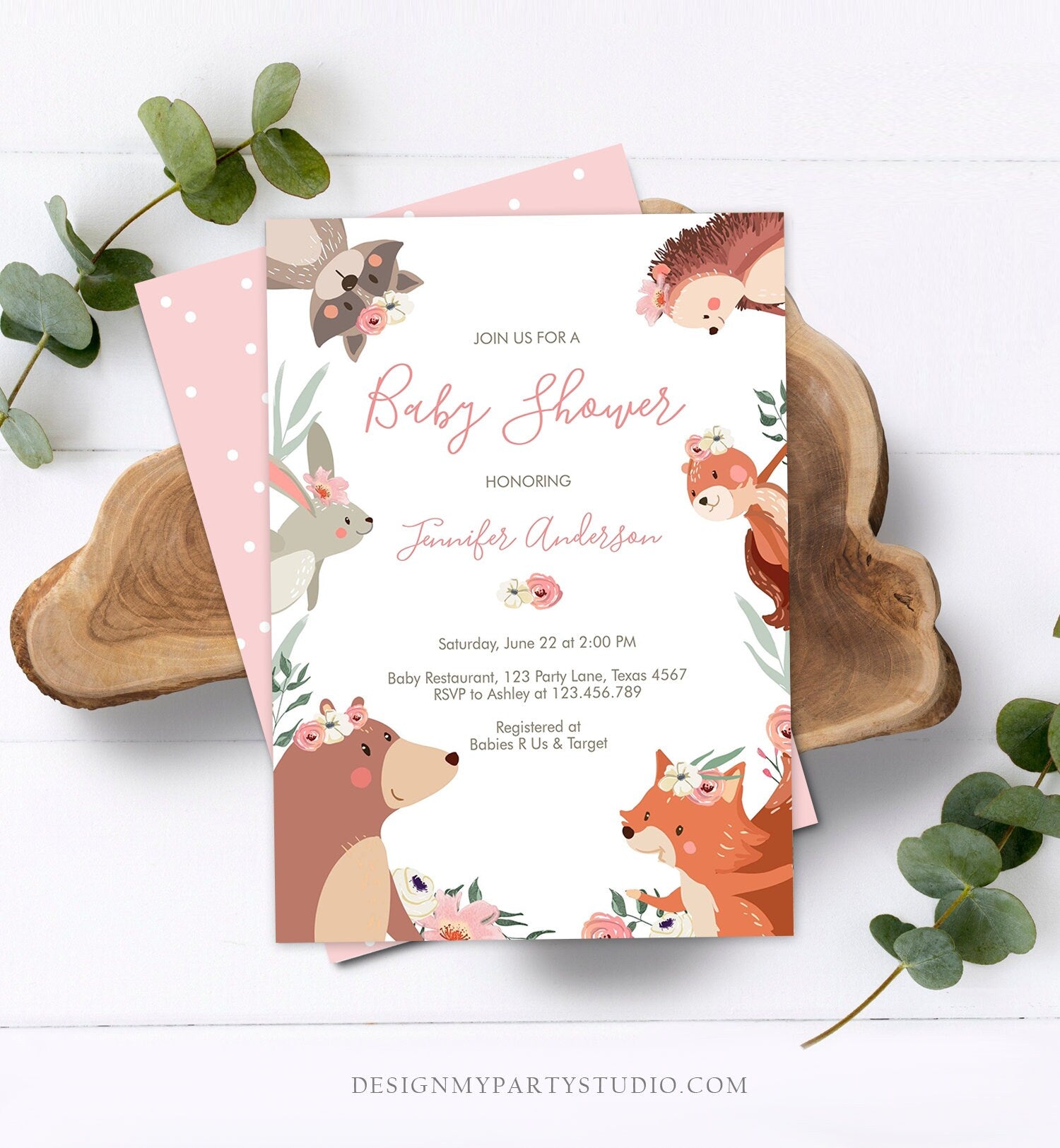 Editable Woodland Baby Shower Invitation Woodland Animals Floral Boho Girl Forest Instant Download Printable Template Digital Corjl 0222