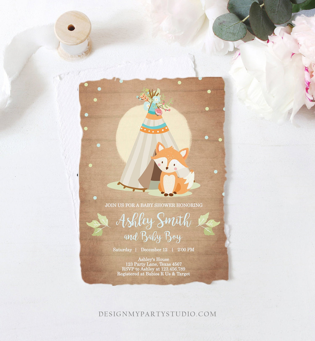 Editable Fox Baby Shower Invitation Woodland Teepee Boho Tribal Boy Baby Shower Blue Wood Download Printable Template Corjl Digital 0052