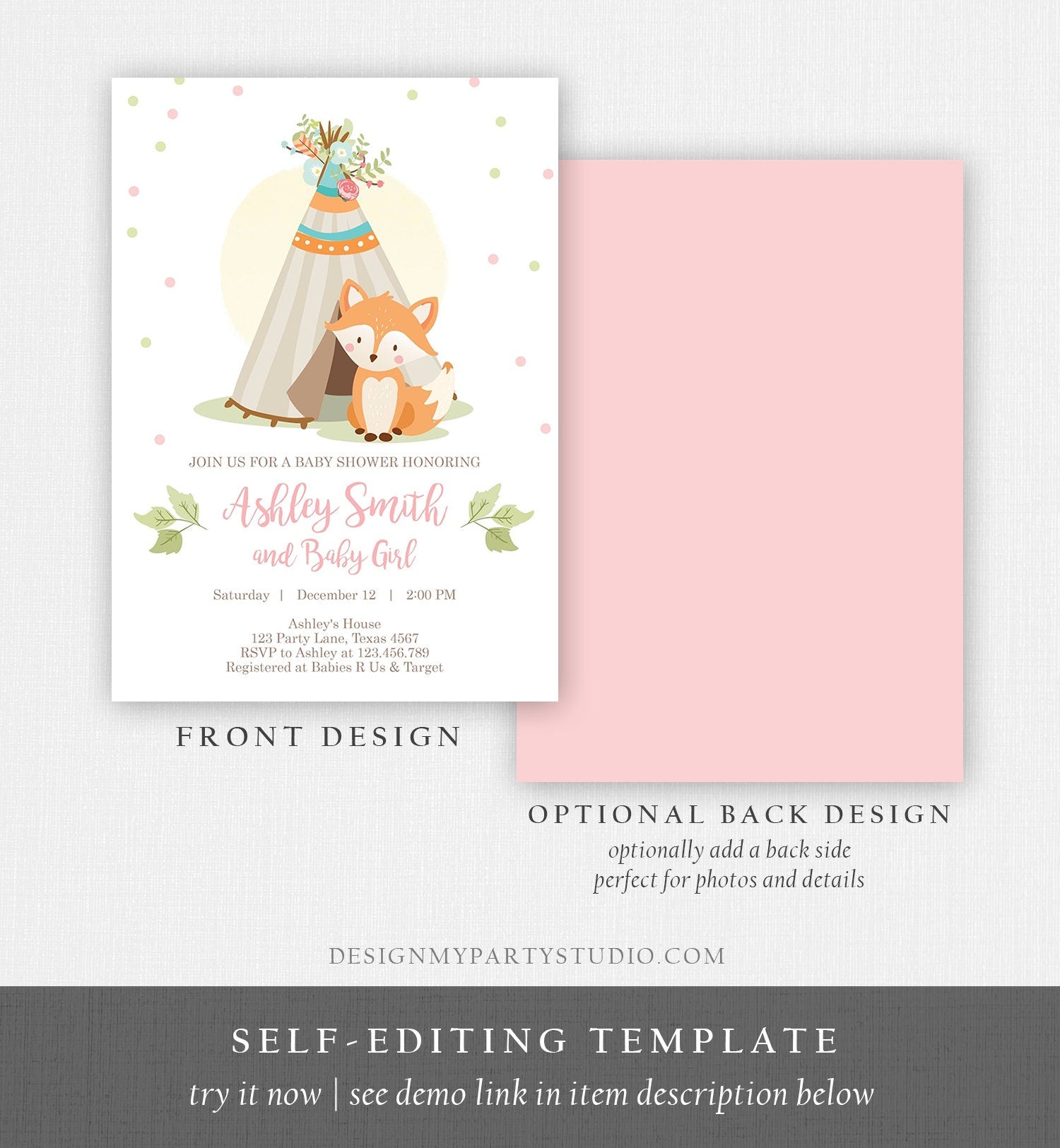 Editable Fox Baby Shower Invitation Woodland Teepee Boho Tribal Girl Baby Shower Blush Pink Download Printable Template Corjl Digital 0052