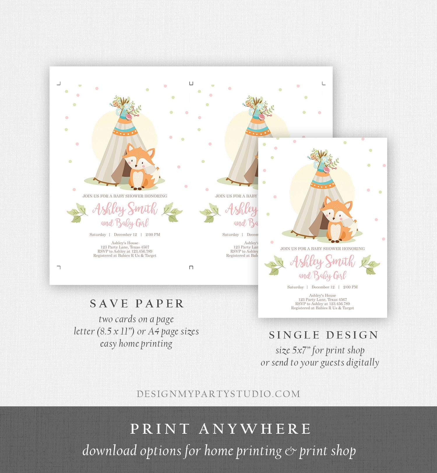 Editable Fox Baby Shower Invitation Woodland Teepee Boho Tribal Girl Baby Shower Blush Pink Download Printable Template Corjl Digital 0052