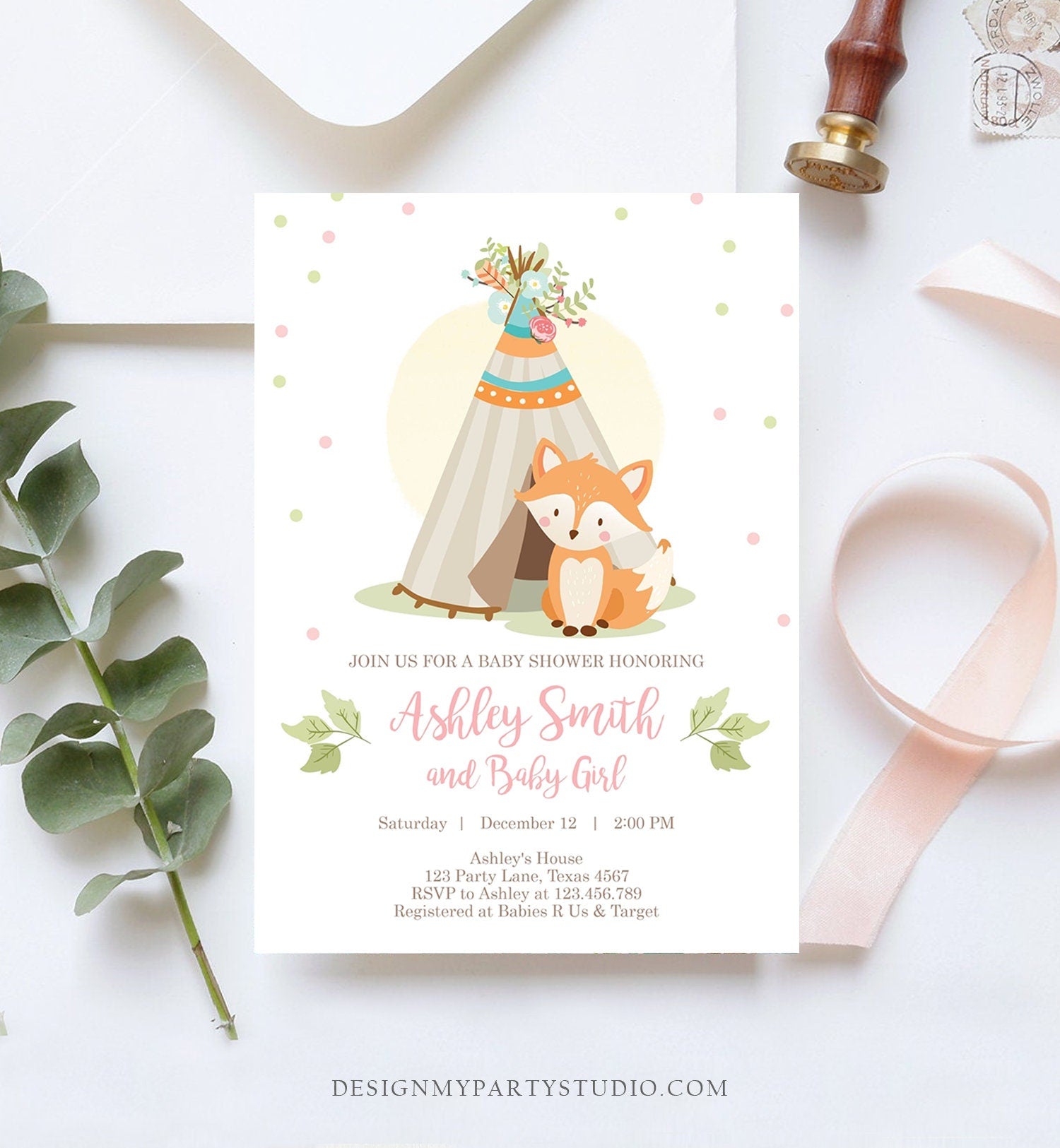 Editable Fox Baby Shower Invitation Woodland Teepee Boho Tribal Girl Baby Shower Blush Pink Download Printable Template Corjl Digital 0052