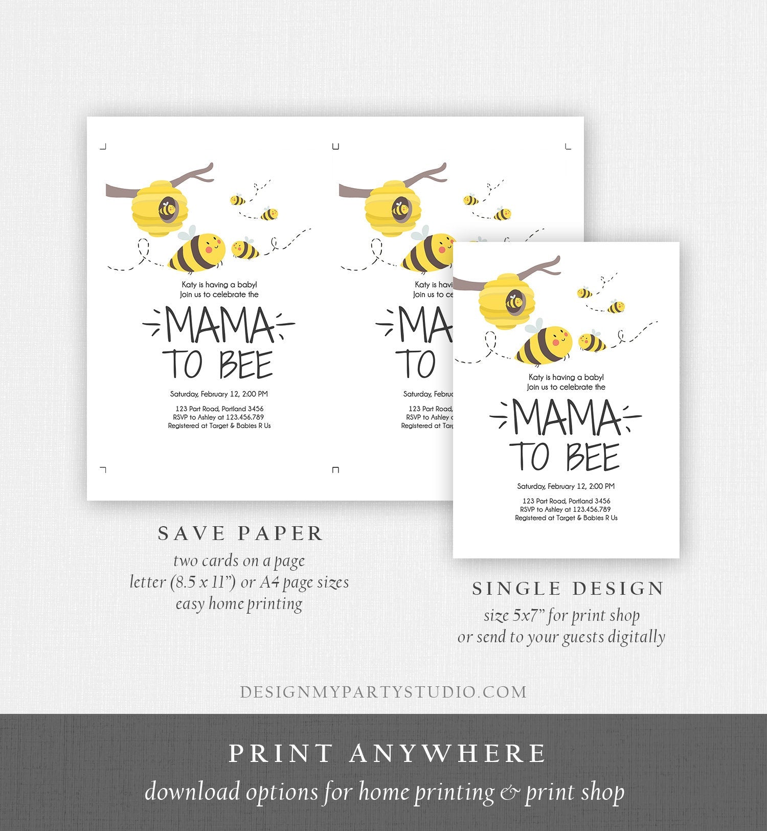 Editable Bee Baby Shower Invitation Mama to Bee Baby Shower Invite Honey Comb Hive Bees Download Printable Template Digital Corjl 0224