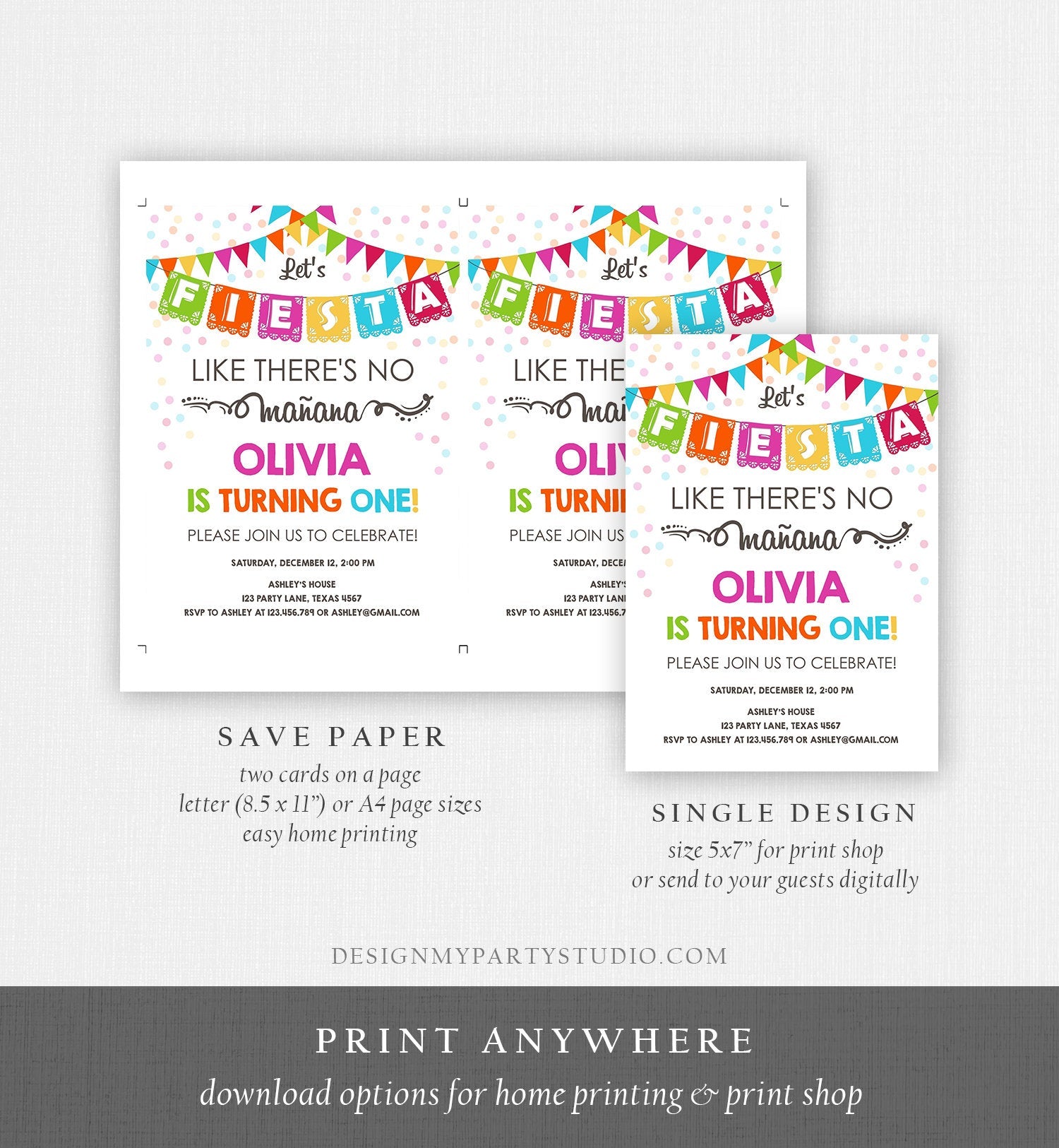 Editable Fiesta Birthday Invitation Let's Fiesta Like There is no Manana Cactus Mexican No Time to Siesta First Birthday Corjl Template 0045