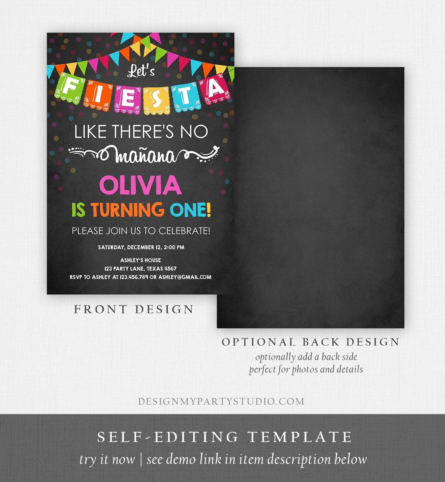 Editable Fiesta Birthday Invitation Let's Fiesta Like There is no Manana Cactus Mexican No Time to Siesta First Birthday Corjl Template 0045