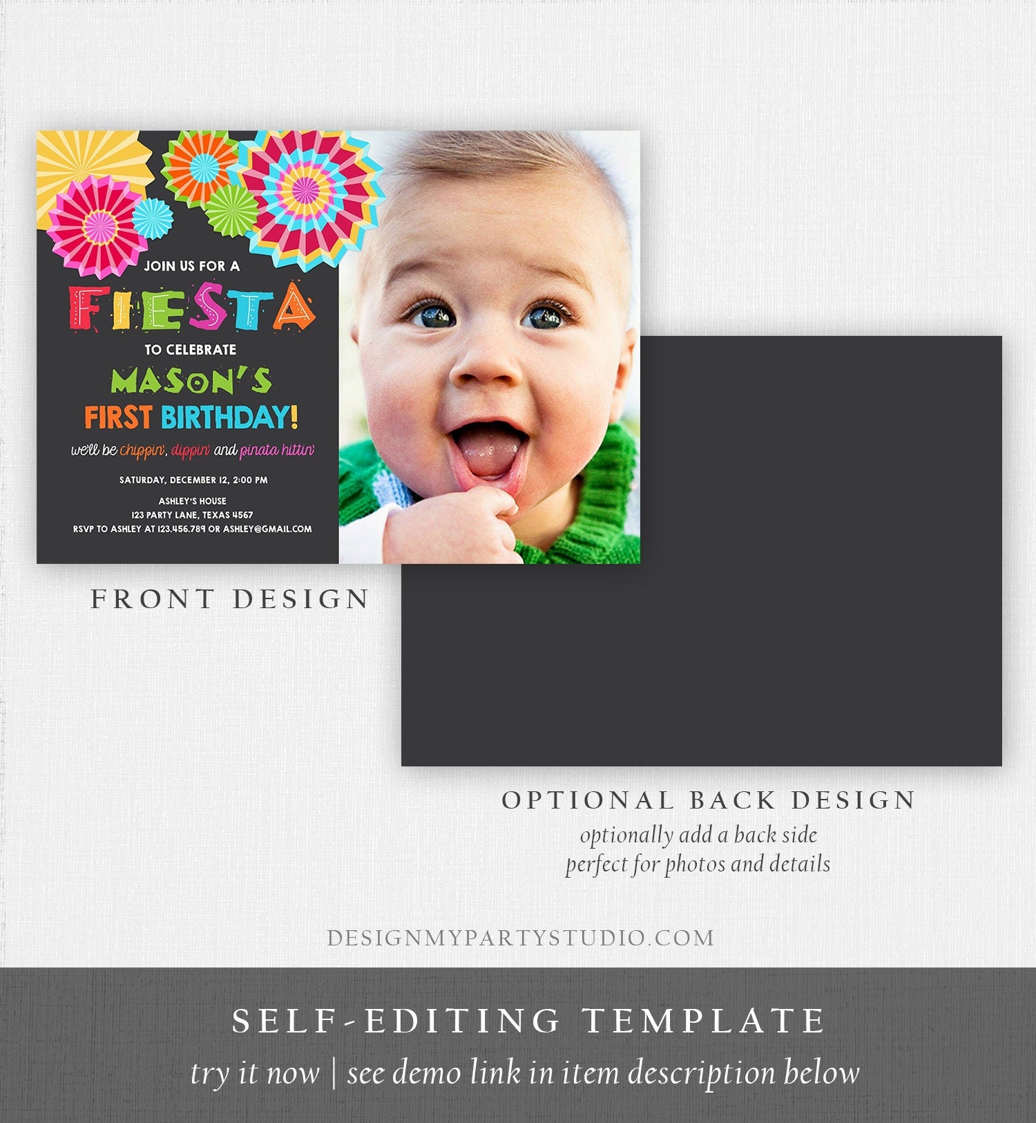 Editable Fiesta Birthday Invitation Let's Fiesta No Time To Siesta Cactus Mexican Boy First Birthday 1st Printable Corjl Template 0045