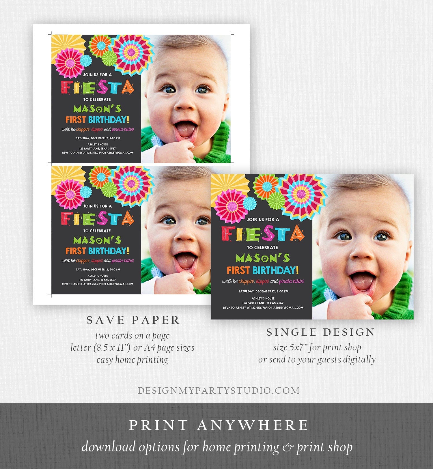 Editable Fiesta Birthday Invitation Let's Fiesta No Time To Siesta Cactus Mexican Boy First Birthday 1st Printable Corjl Template 0045