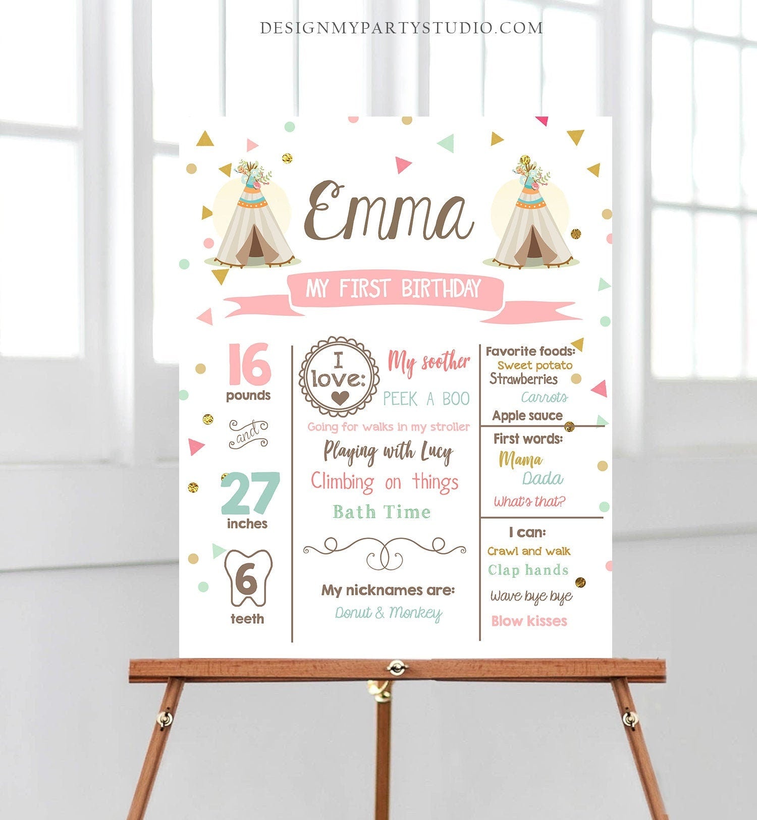 Editable Teepee Birthday Milestones Sign Wild One Tribal First Birthday 1st Birthday Girl Pink Gold Boho Download Template Printable 0092