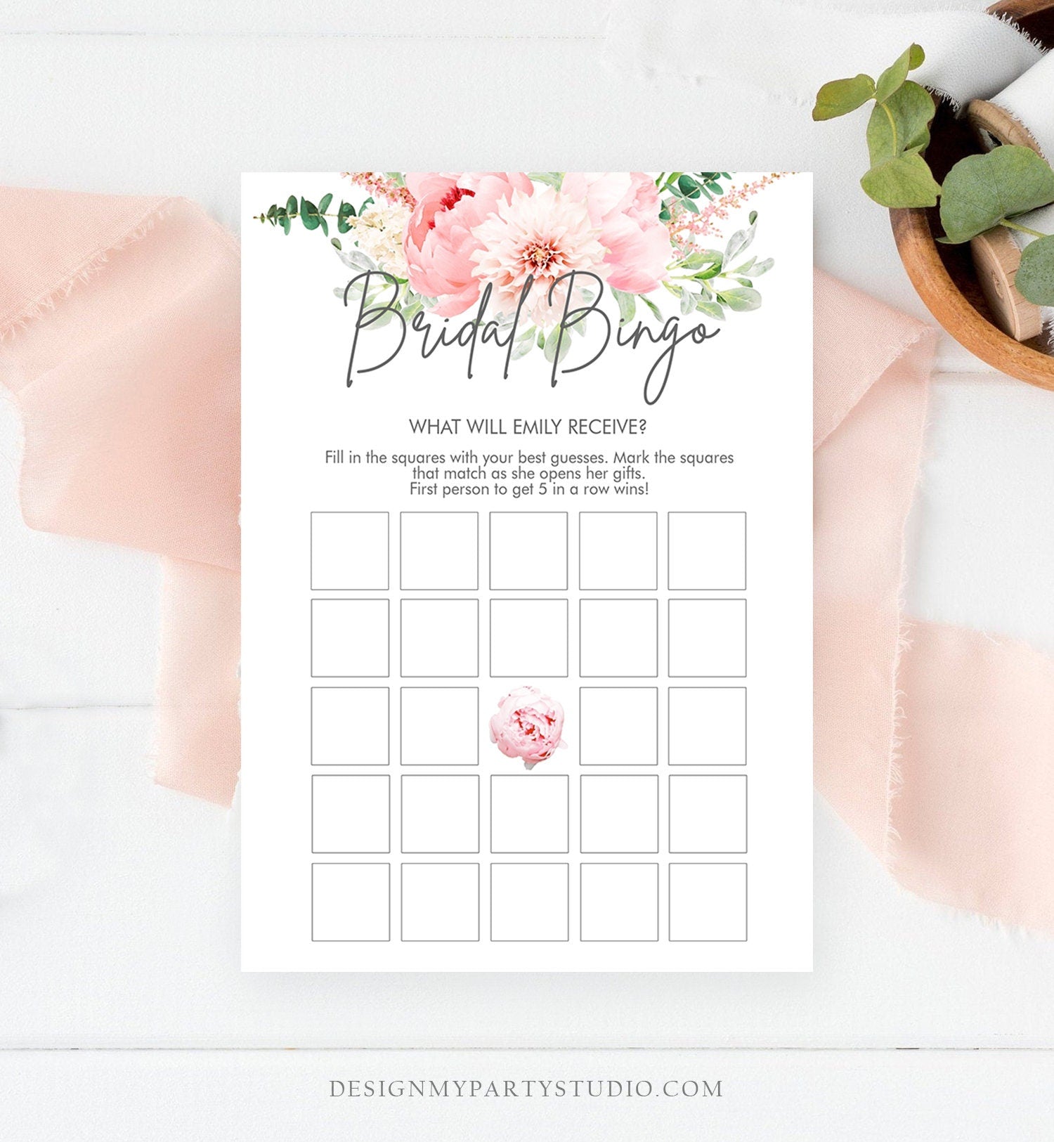 Editable Bridal Bingo Bridal Shower Game Botanical Flowers Floral Game Pink Peony Greenery Digital Download Corjl Template Printable 0167