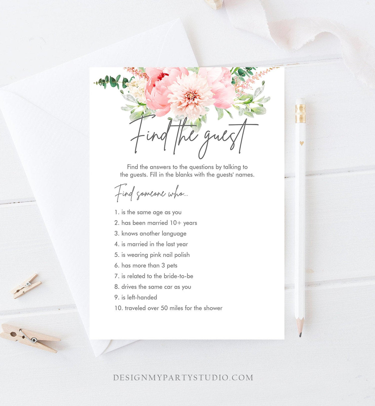 Editable Find The Guest Bridal Shower Game Botanical Flowers Floral Game Pink Peony Greenery Digital Download Corjl Template Printable 0167