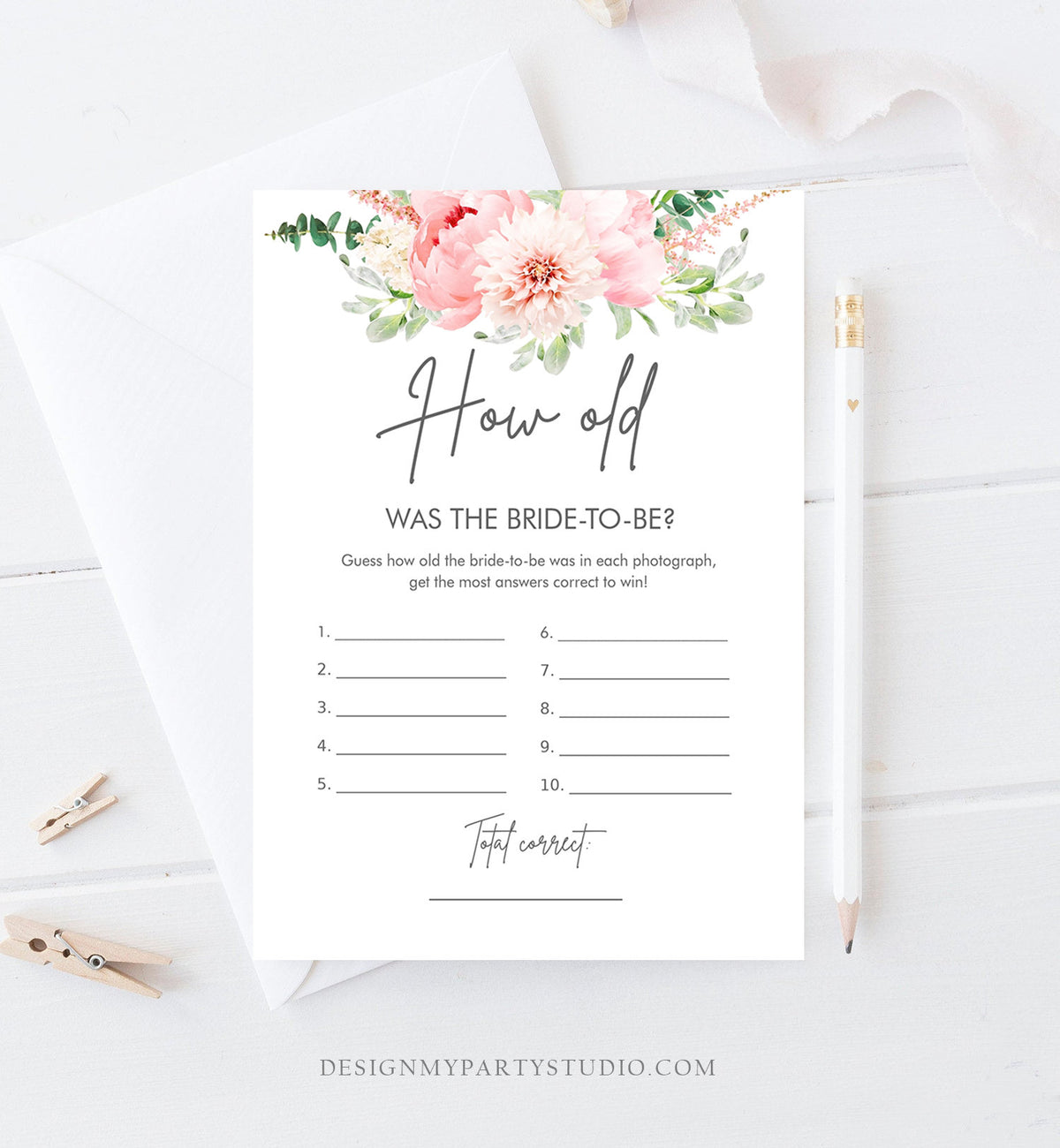 Editable How Old Bridal Shower Game Was The Bride to Be Botanical Flowers Floral Pink Peony Greenery Download Corjl Template Printable 0167