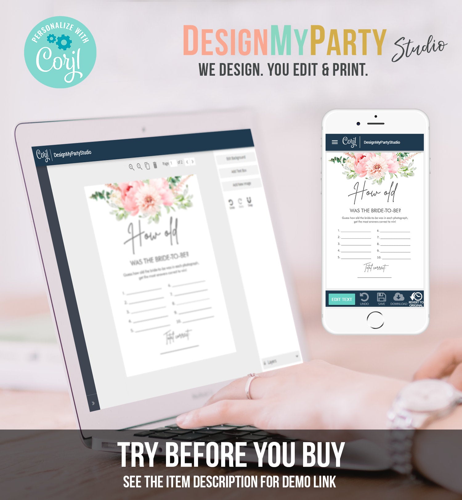 Editable How Old Bridal Shower Game Was The Bride to Be Botanical Flowers Floral Pink Peony Greenery Download Corjl Template Printable 0167