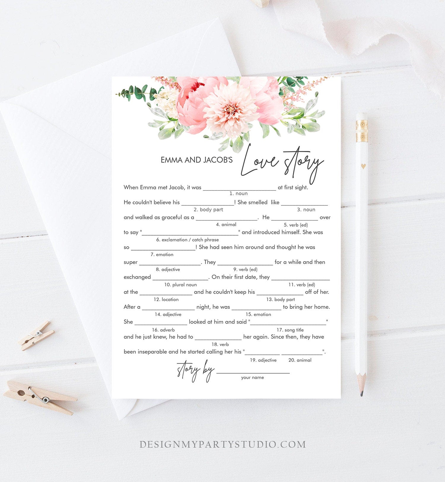 Editable Love Story Bridal Shower Game Mad Libs Botanical Flowers Floral Pink Peony Greenery Digital Download Corjl Template Printable 0167