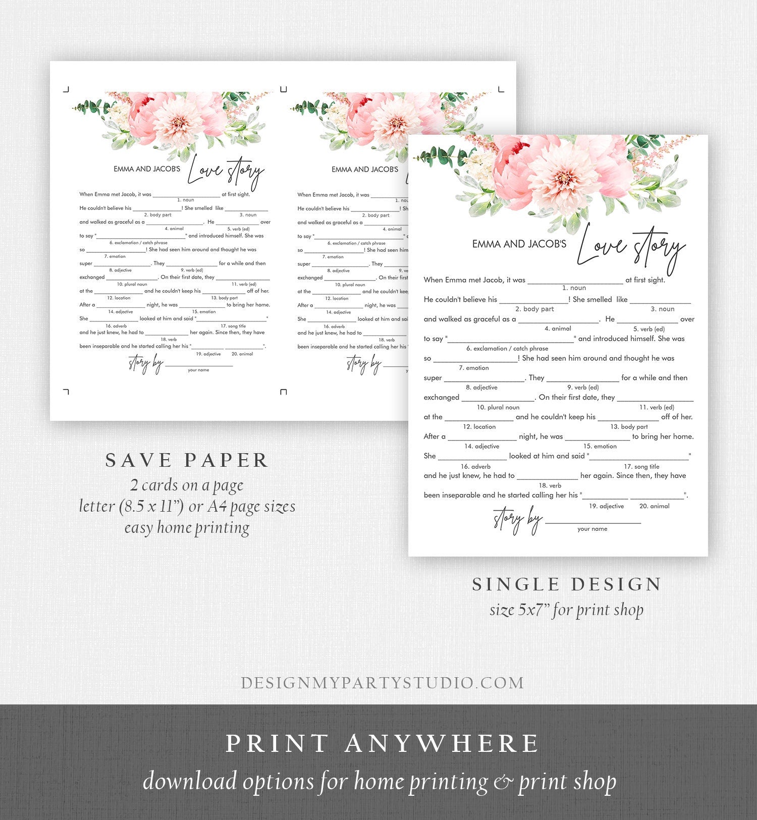 Editable Love Story Bridal Shower Game Mad Libs Botanical Flowers Floral Pink Peony Greenery Digital Download Corjl Template Printable 0167