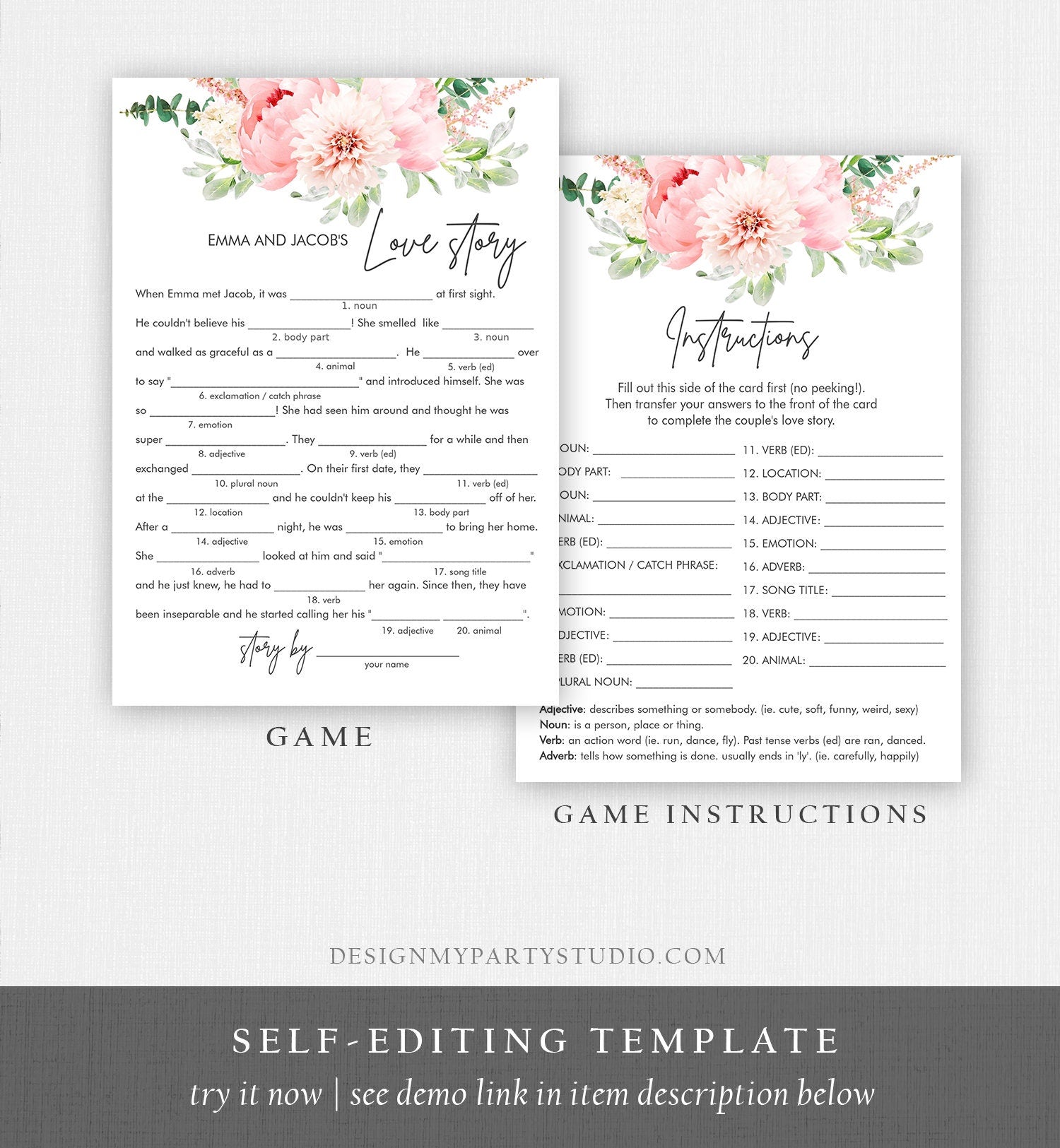 Editable Love Story Bridal Shower Game Mad Libs Botanical Flowers Floral Pink Peony Greenery Digital Download Corjl Template Printable 0167