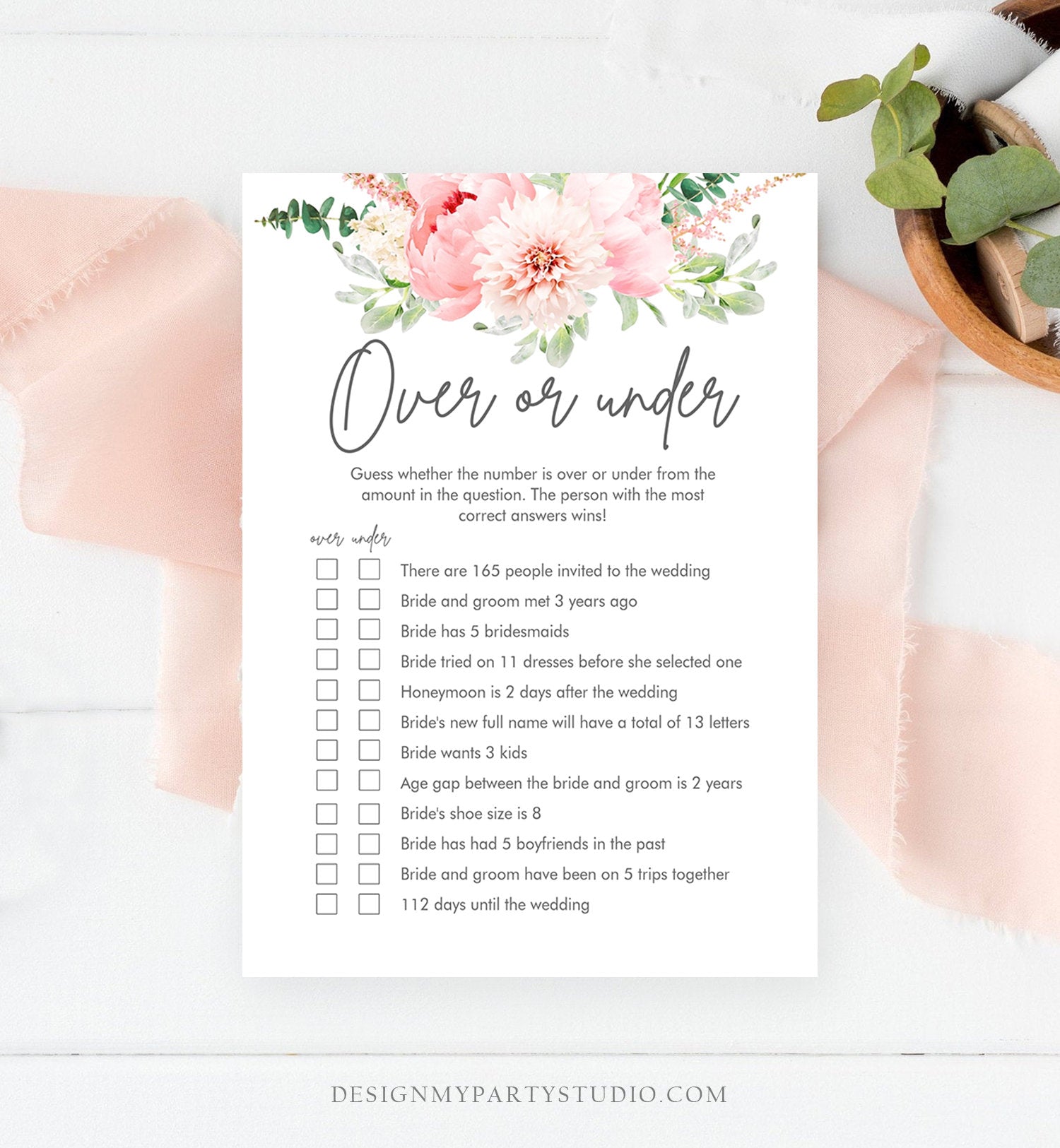 Editable Over or Under Bridal Shower Game Botanical Flowers Floral Game Pink Peony Greenery Digital Download Corjl Template Printable 0167