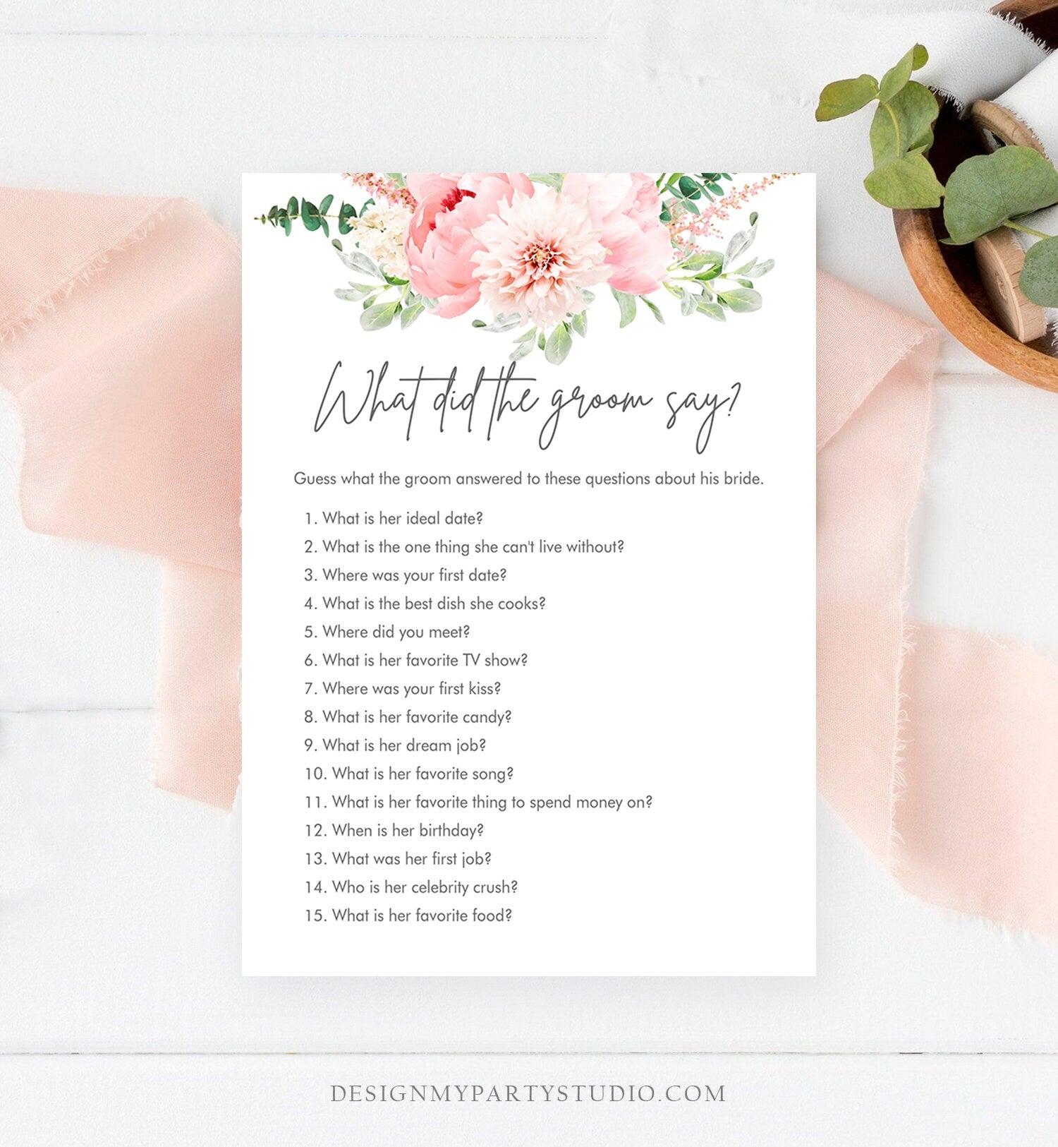 Editable What Did The Groom Say Bridal Shower Game Botanical Flowers Floral Game Pink Peony Greenery What Did He Said Corjl Template 0167