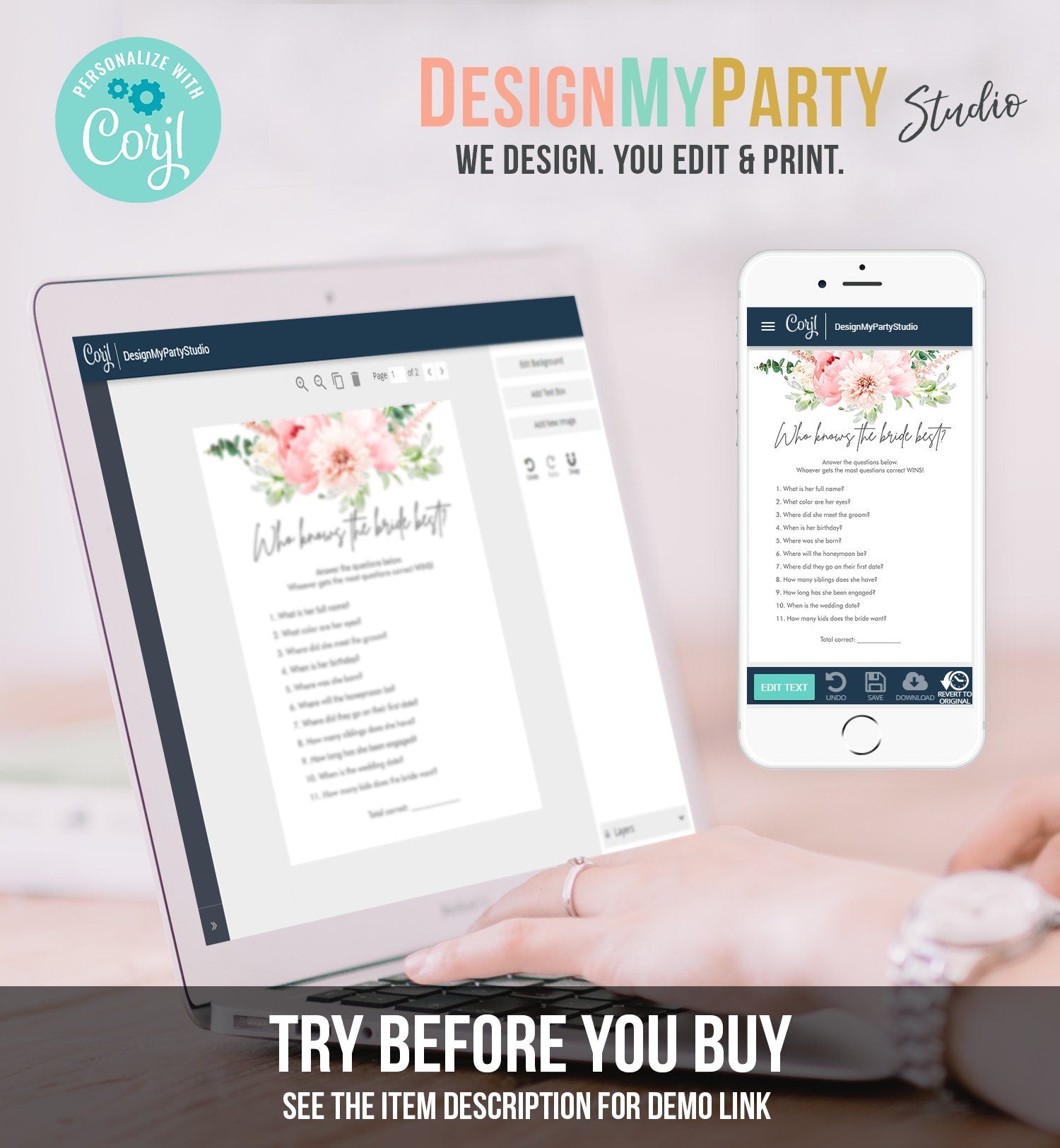 Editable Who Know the Bride Best Bridal Shower Game Botanical Flowers Floral Game Pink Peony Greenery Download Corjl Template Printable 0167