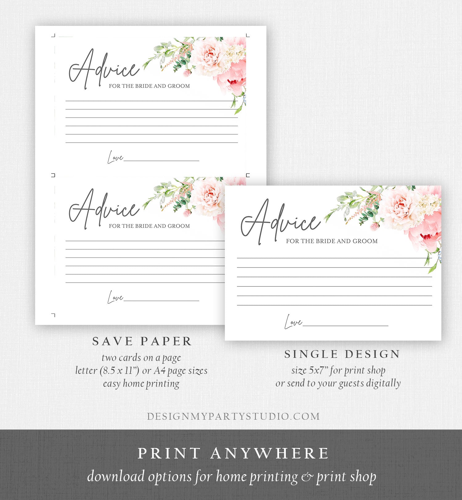 Editable Advice for the Bride-to-Be Card Bridal Shower Words of Wisdom Advice for Bride Game Botanical Flowers Pink Corjl Template 0044