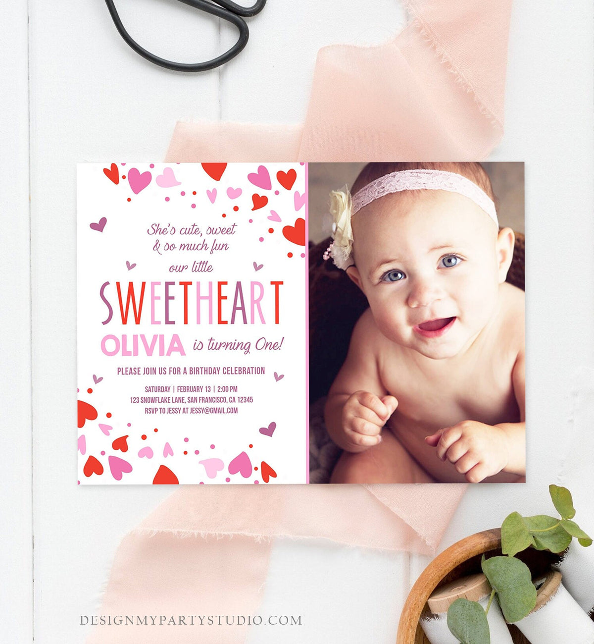 Editable Little Sweetheart Birthday Invitation Valentine Girl Hearts Pink Purple First Birthday 1st Download Corjl Template Printable 0288