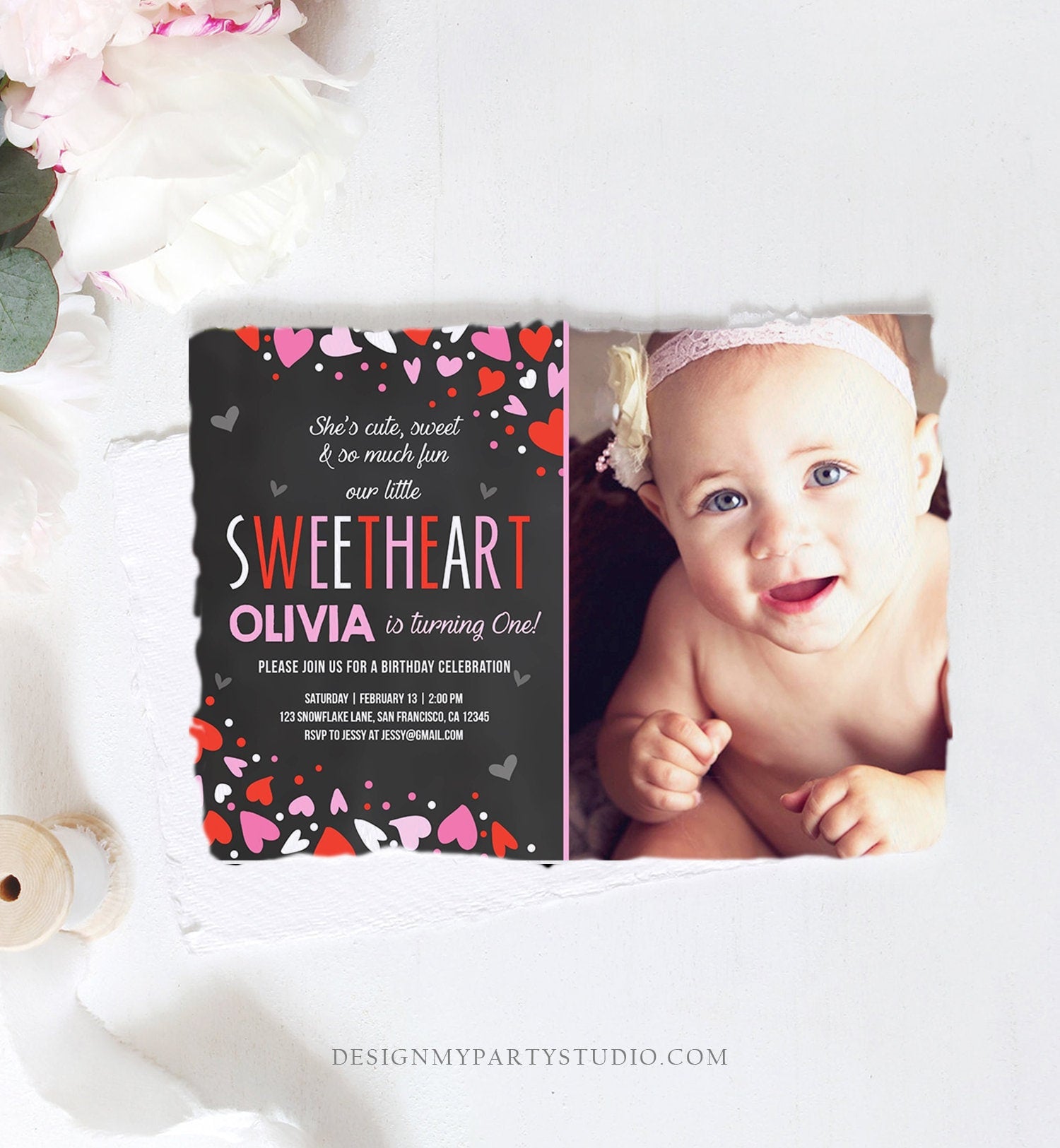 Editable Little Sweetheart Birthday Invitation Valentine Girl Hearts Pink Purple First Birthday 1st Download Corjl Template Printable 0288