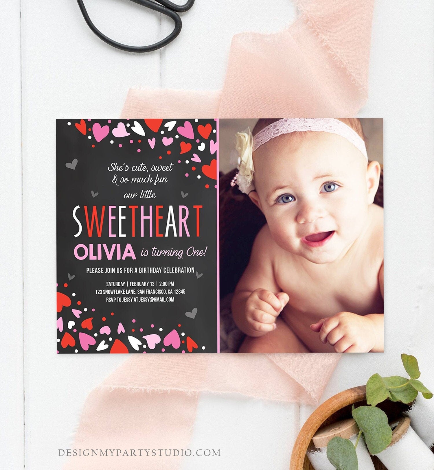 Editable Little Sweetheart Birthday Invitation Valentine Girl Hearts Pink Purple First Birthday 1st Download Corjl Template Printable 0288