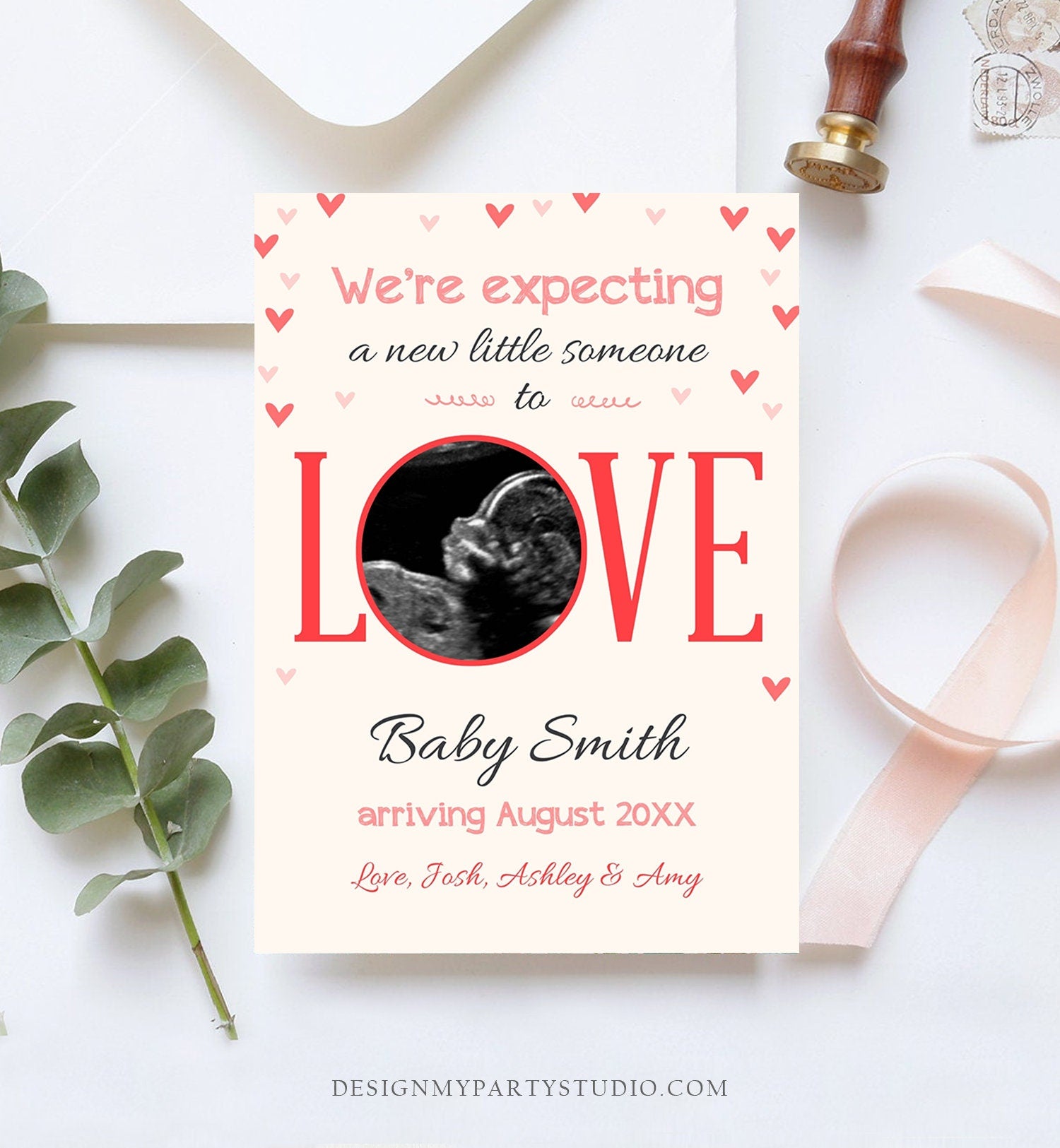 Editable Love Pregnancy Reveal Announcement Valentine Hearts Baby on the Way Pregnant Pink Girl Download Corjl Template Printable 0291