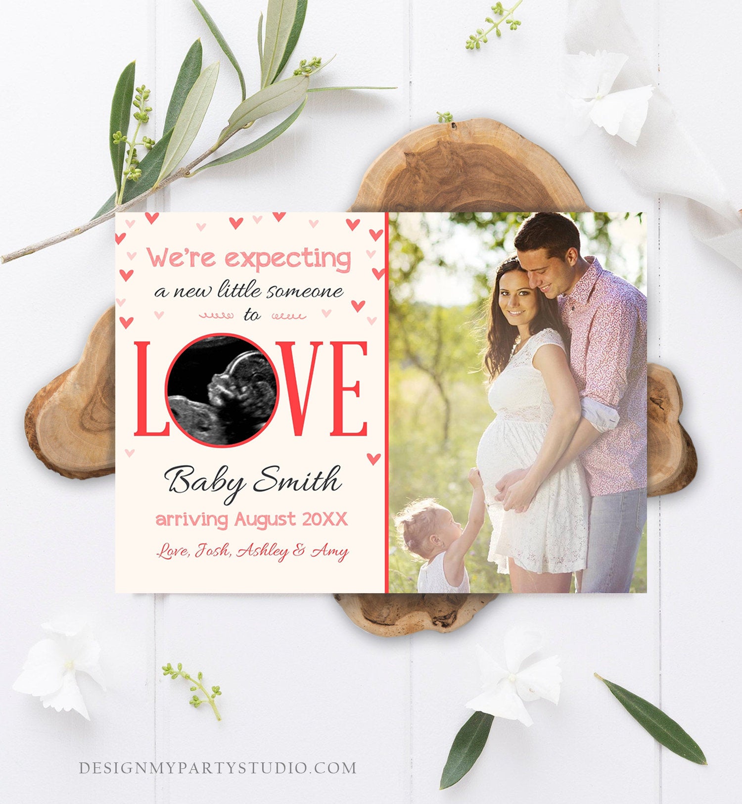 Editable Love Pregnancy Reveal Announcement Valentine Hearts Baby on the Way Pregnant Pink Girl Download Corjl Template Printable 0291