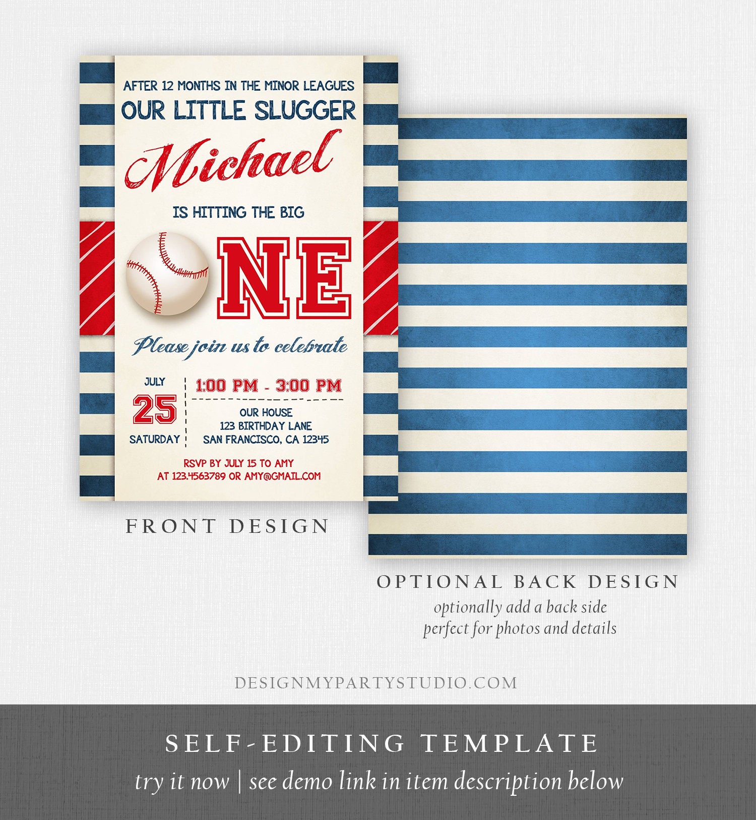 Editable Baseball First Birthday Invitation Boy Little Slugger Rookie of The Year Download Printable Invitation Template Digital Corjl 0069