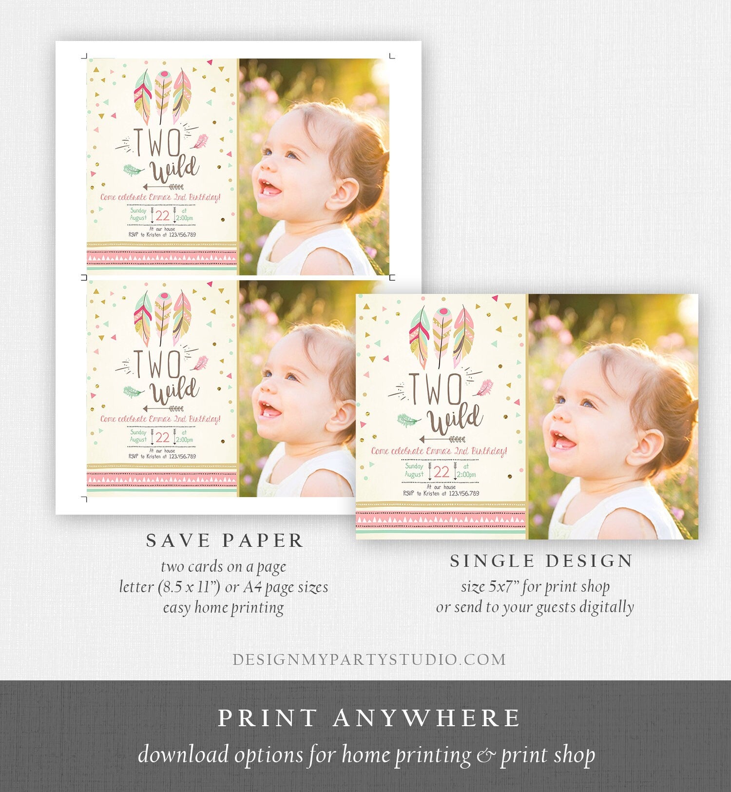 Editable Two Wild Birthday Invitation Feathers Tribal Girl Pink Boho Arrow Coral Mint Instant Download Printable Corjl Template Digital 0073