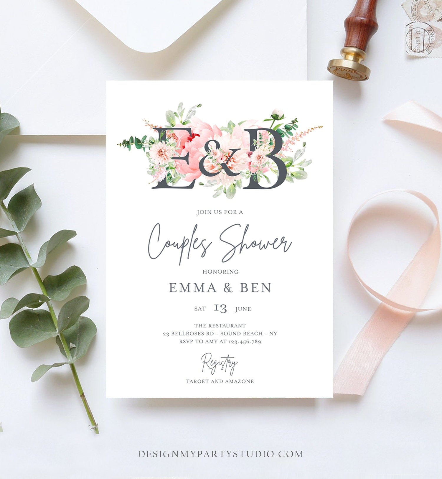 Editable Monogram Botanical Flowers Bridal Shower Invitation Floral Greenery Couples Pastel Pink Peony Corjl Template Printable  0167